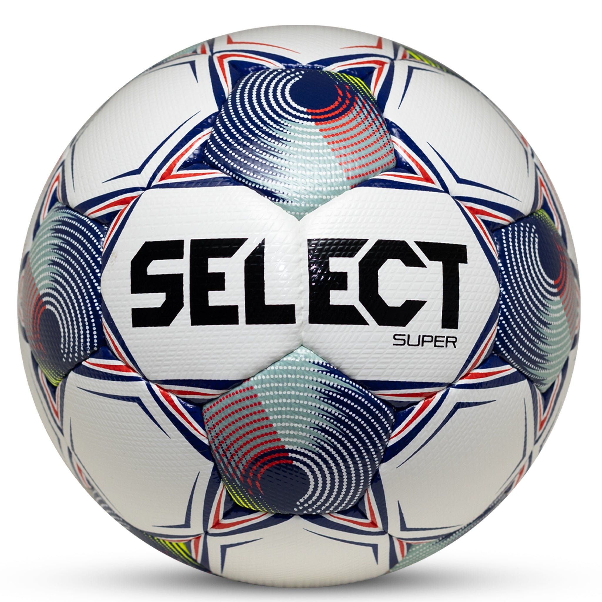 White soccer ball with navy pentagons, grey, red, white, and yellow accents and 'Select' branding on a white background. FIFA Quality Pro #color_white/blue