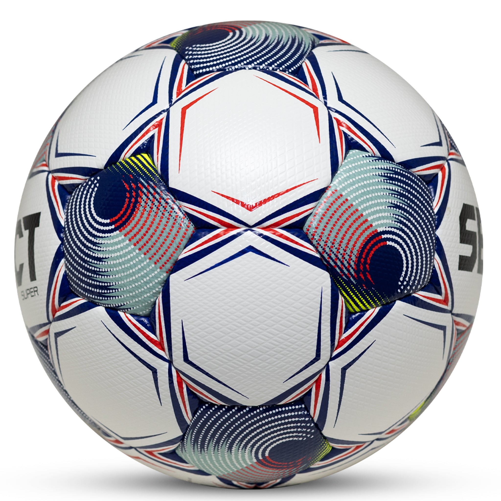 White soccer ball with navy pentagons, grey, red, white, and yellow accents and 'Select' branding on a white background. FIFA Quality Pro #color_white/blue