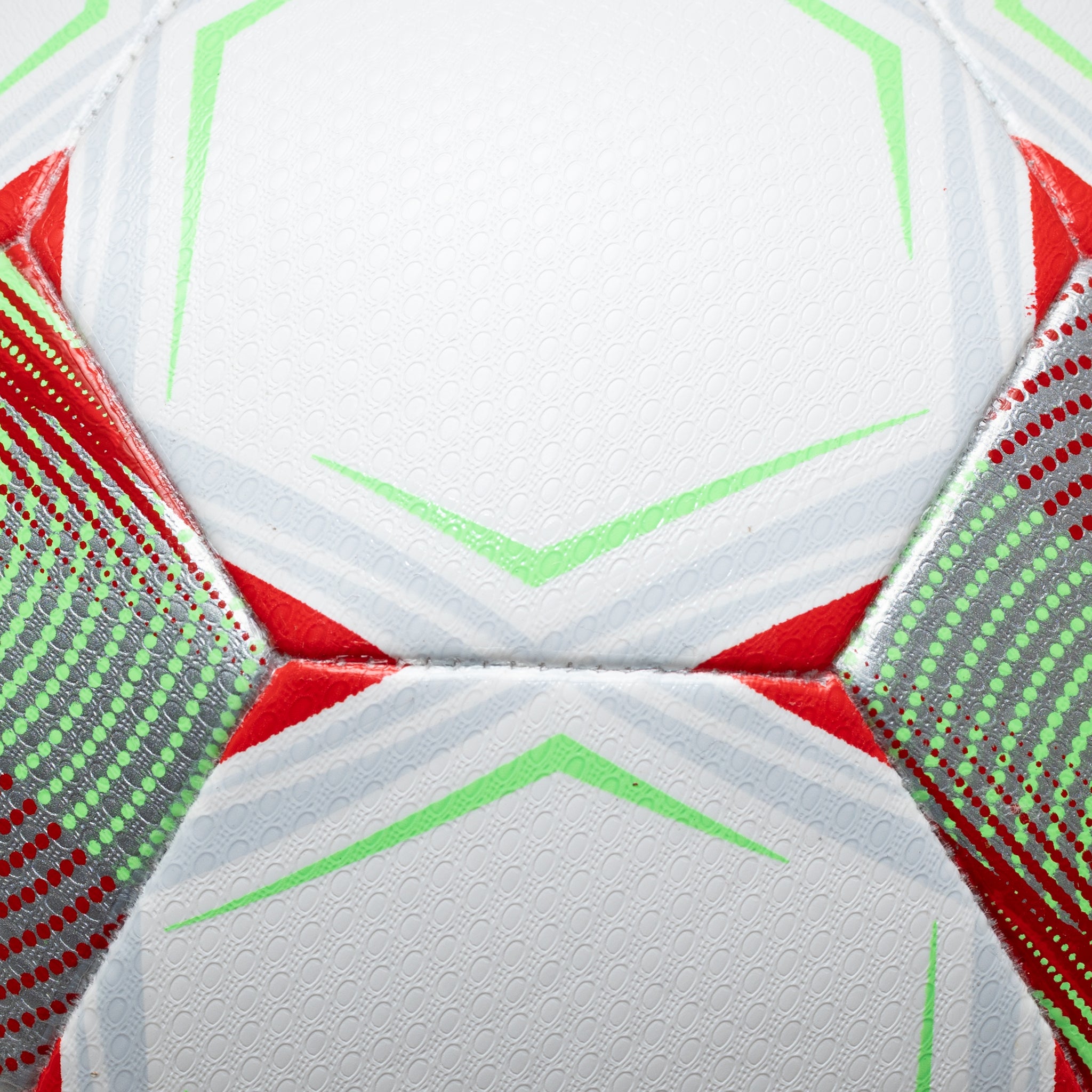 White soccer ball with red and green pentagon panels and orange accents and 'SELECT' branding on a white background #color_white/red/green #color_white/red
