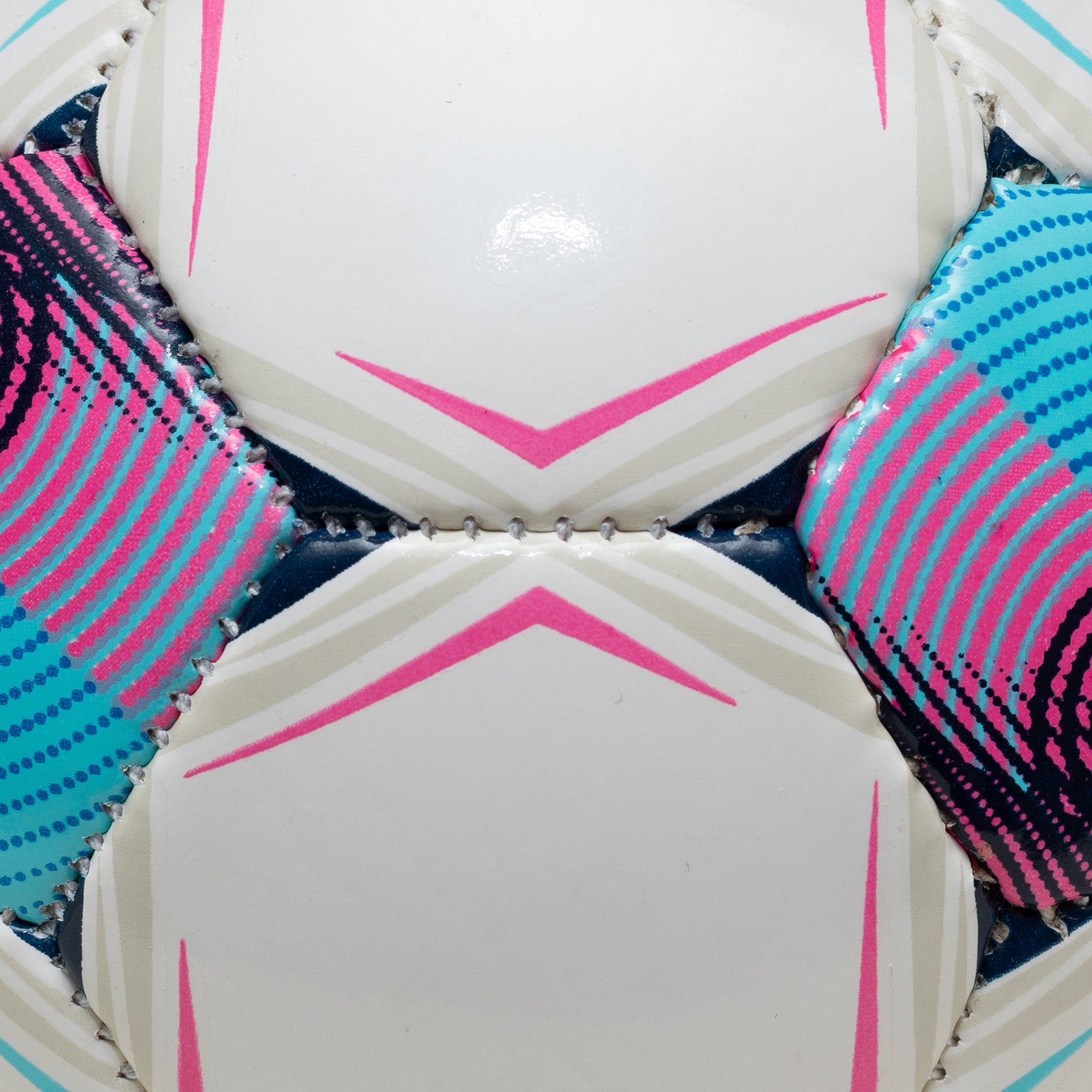 White soccer ball with navy pentagons, lightblue and pink accents and 'Select' branding on a white background. #color_white/blue