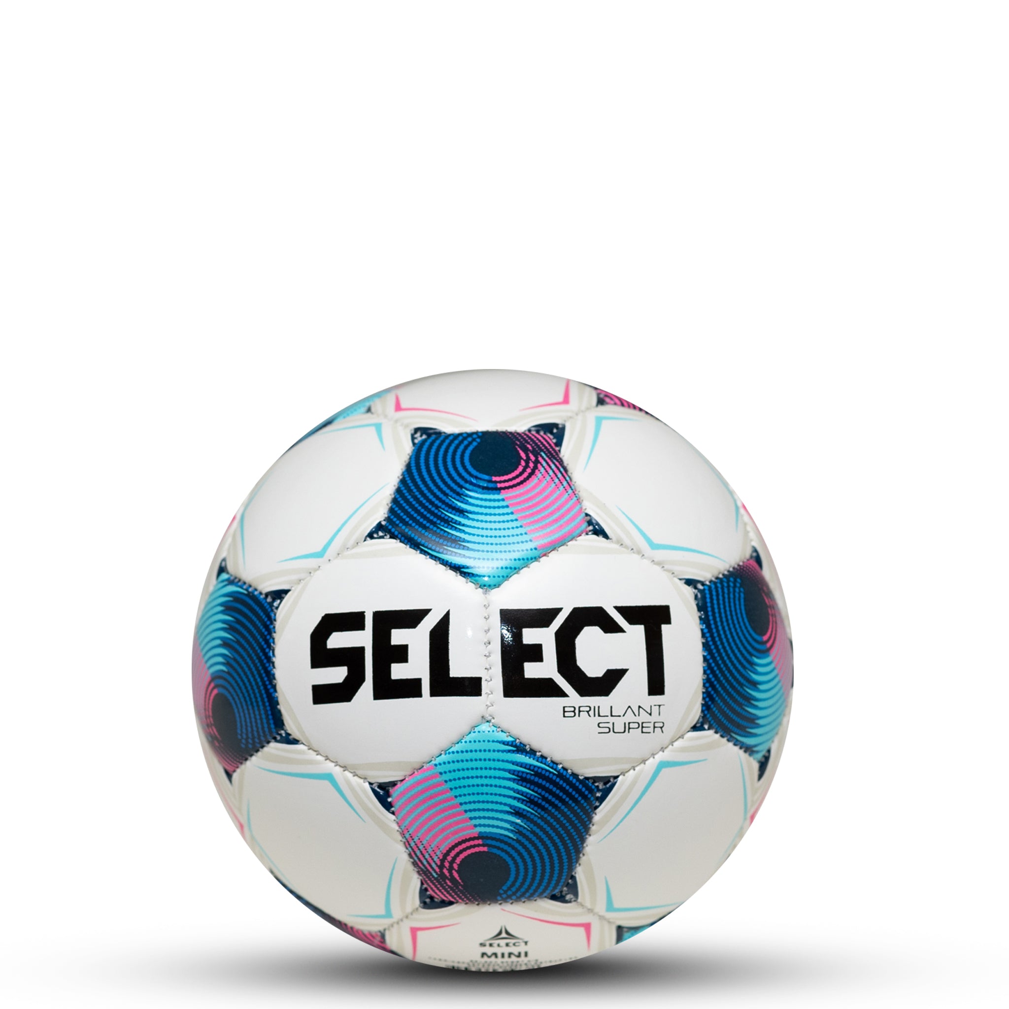 White soccer ball with navy pentagons, lightblue and pink accents and 'Select' branding on a white background. #color_white/blue
