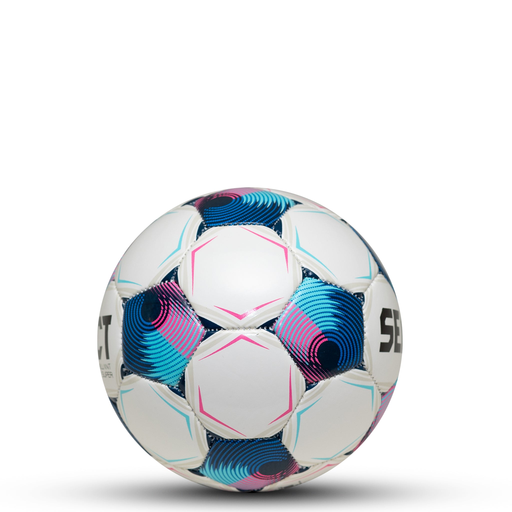 White soccer ball with navy pentagons, lightblue and pink accents and 'Select' branding on a white background. #color_white/blue