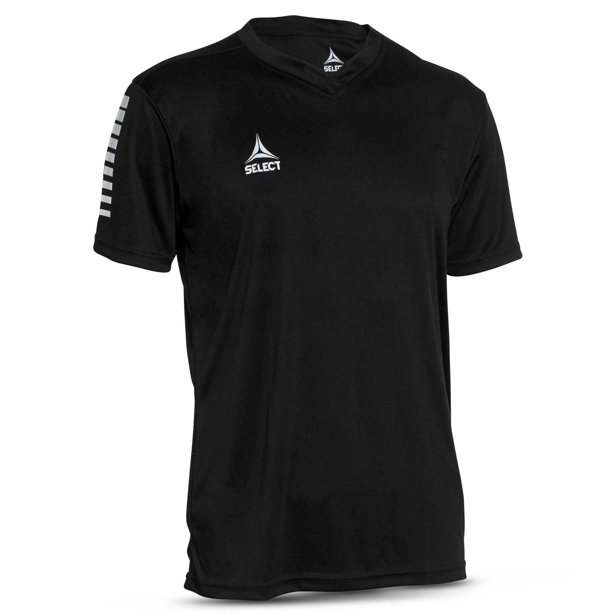 Black short sleeve sports jersey with white stripes Select brand logo on a white background. Product name is Pisa short sleeve jersey #color_ #color_black #color_black