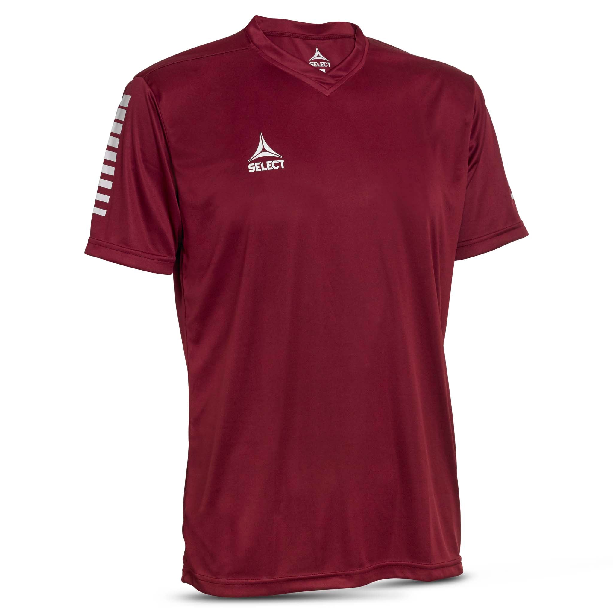 Bordeaux short sleeve sports jersey with white stripes and Select brand logo on a white background. Product name is Pisa short sleeve jersey #color_bordeaux