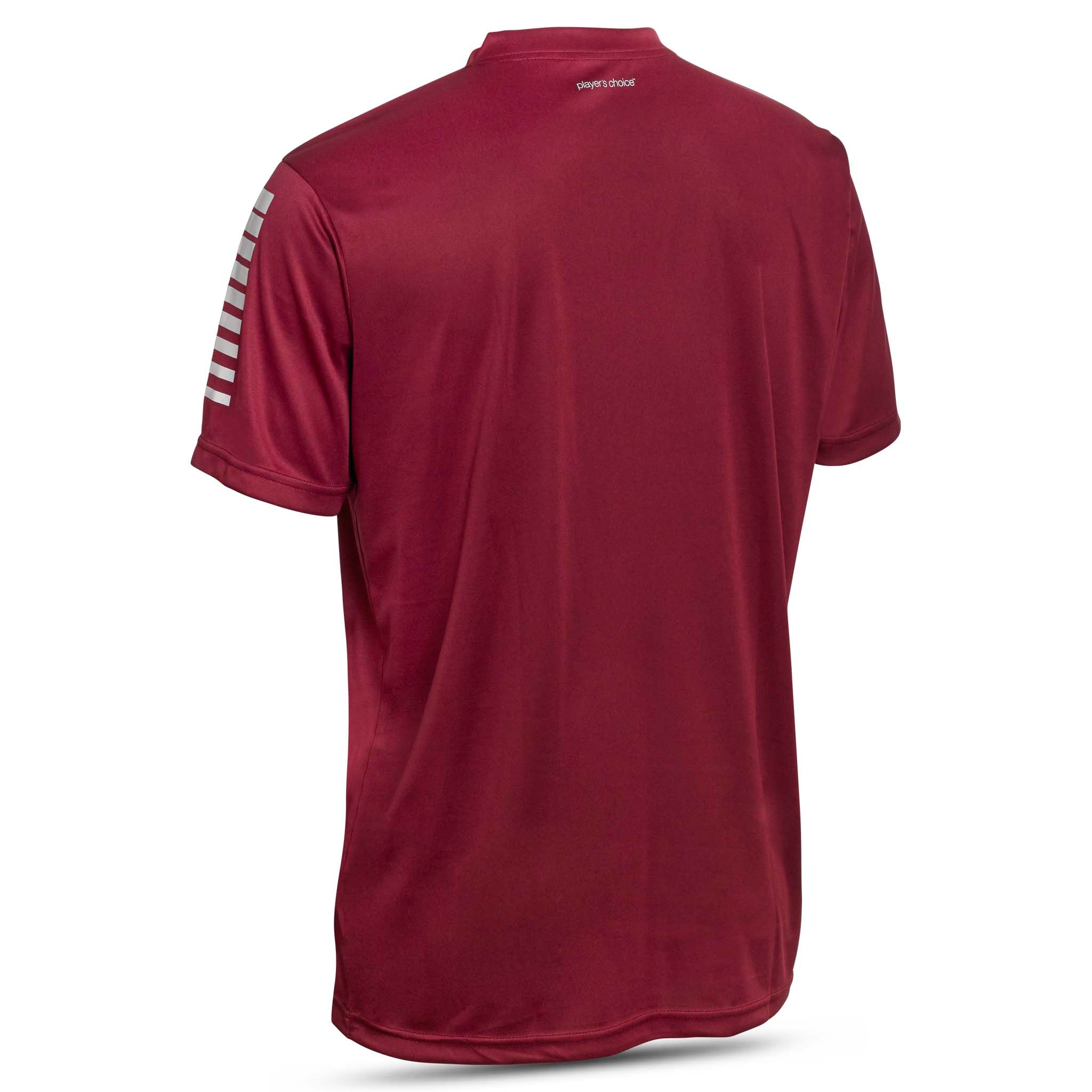 Bordeaux short sleeve sports jersey with white stripes and Select brand logo on a white background. Product name is Pisa short sleeve jersey #color_bordeaux
