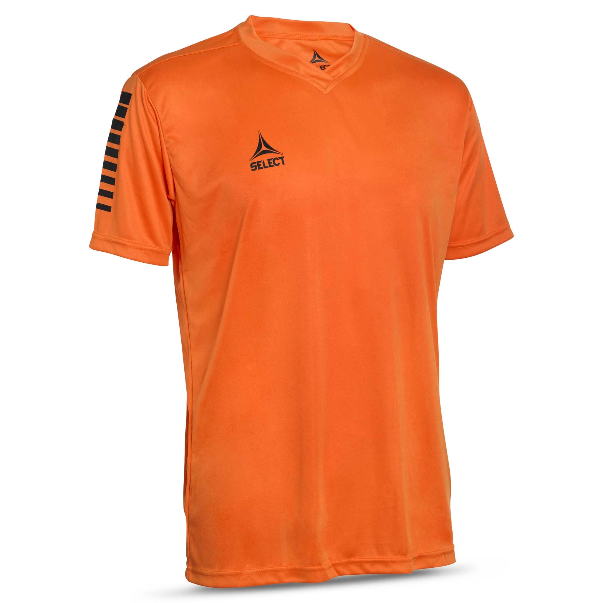 Orange short sleeve sports jersey with black stripes and Select brand logo on a white background. Product name is Pisa short sleeve jersey #color_ #color_orange #color_orange