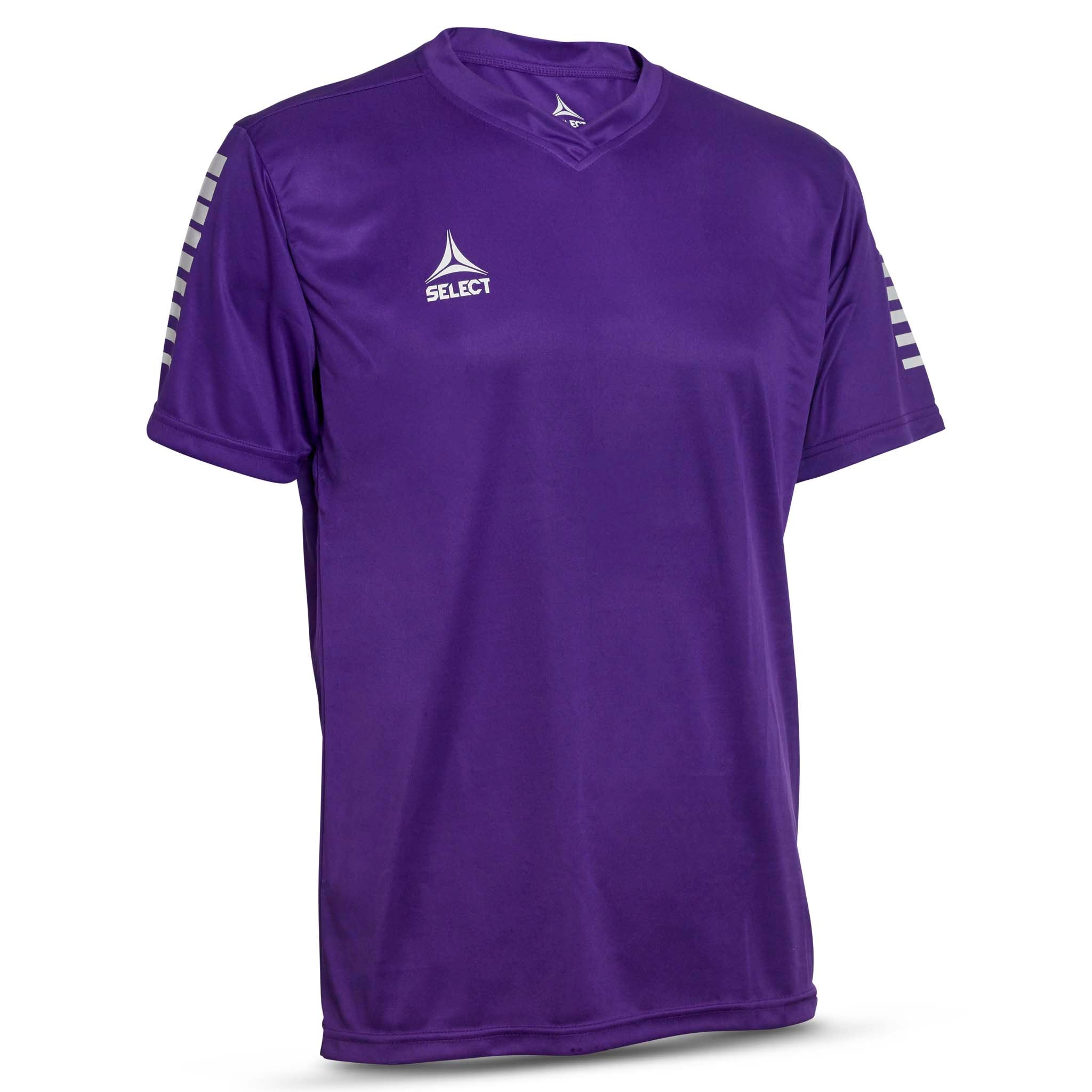 Purple short sleeve sports jersey with white stripes and Select brand logo on a white background. Product name is Pisa short sleeve jersey #color_ #color_purple