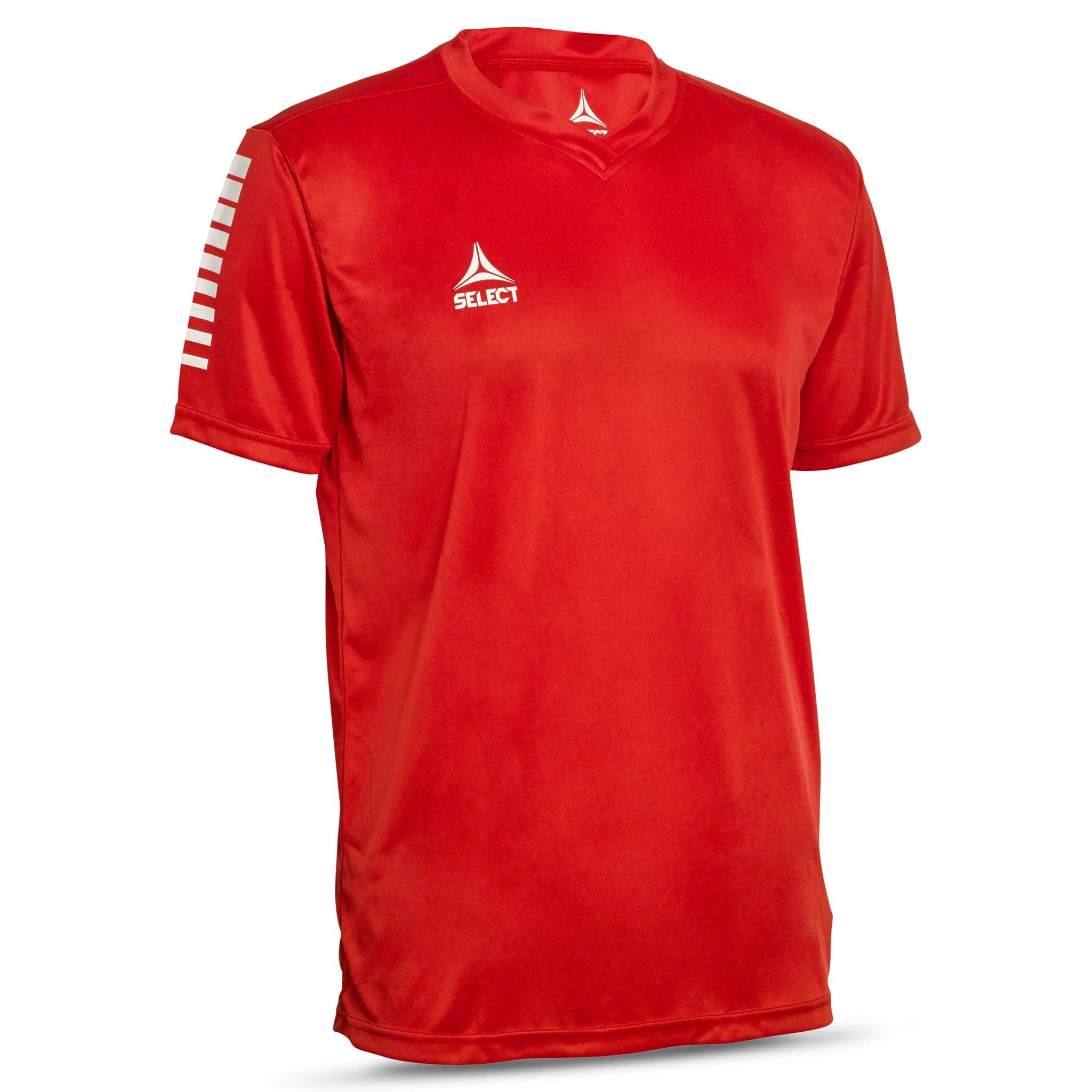 Red short sleeve sports jersey with white stripes and Select brand logo on a white background. Product name is Pisa short sleeve jersey #color_ #color_red #color_red