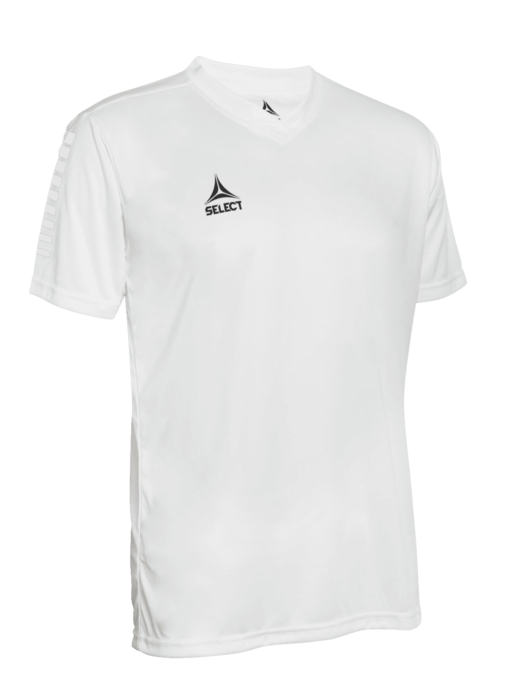 White short sleeve sports jersey with white stripes and Select brand logo on a white background. Product name is Pisa short sleeve jersey #color_white/white