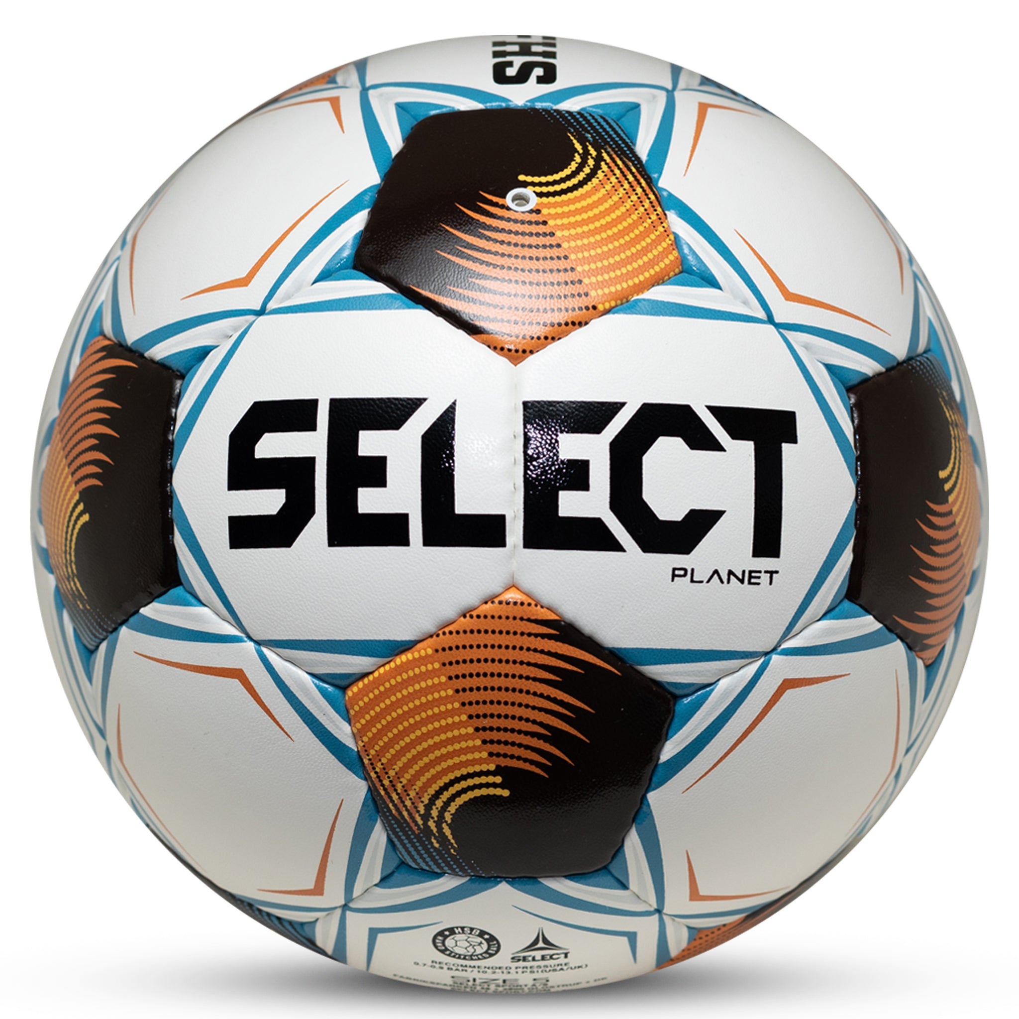 Planet NFHS v26 soccer ball, front page. White ball with blue, black and orange design.