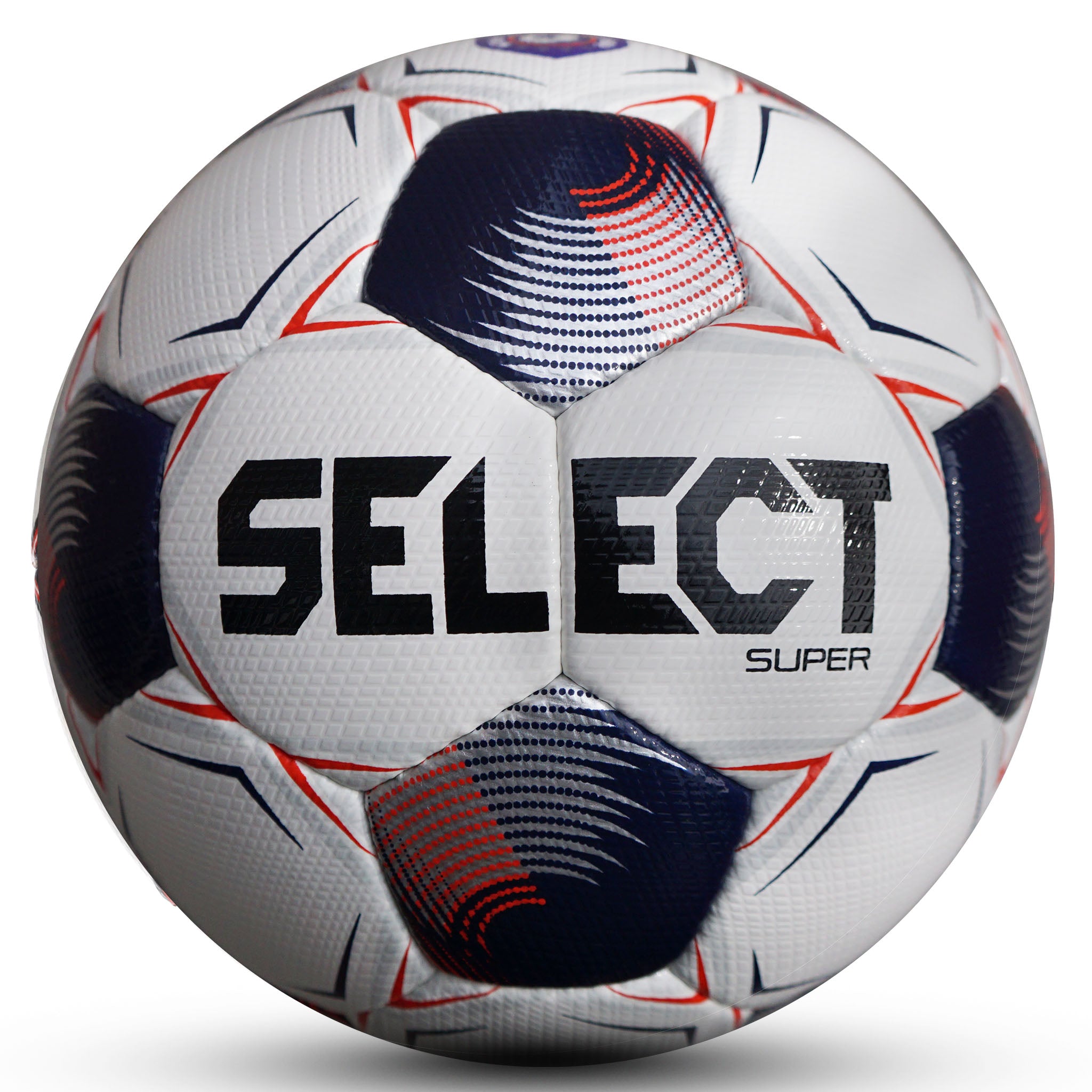 White soccer ball with navy pentagons, silver and red accents and 'Select' branding on a white background. Official ball of the NPSL #color_white/blue