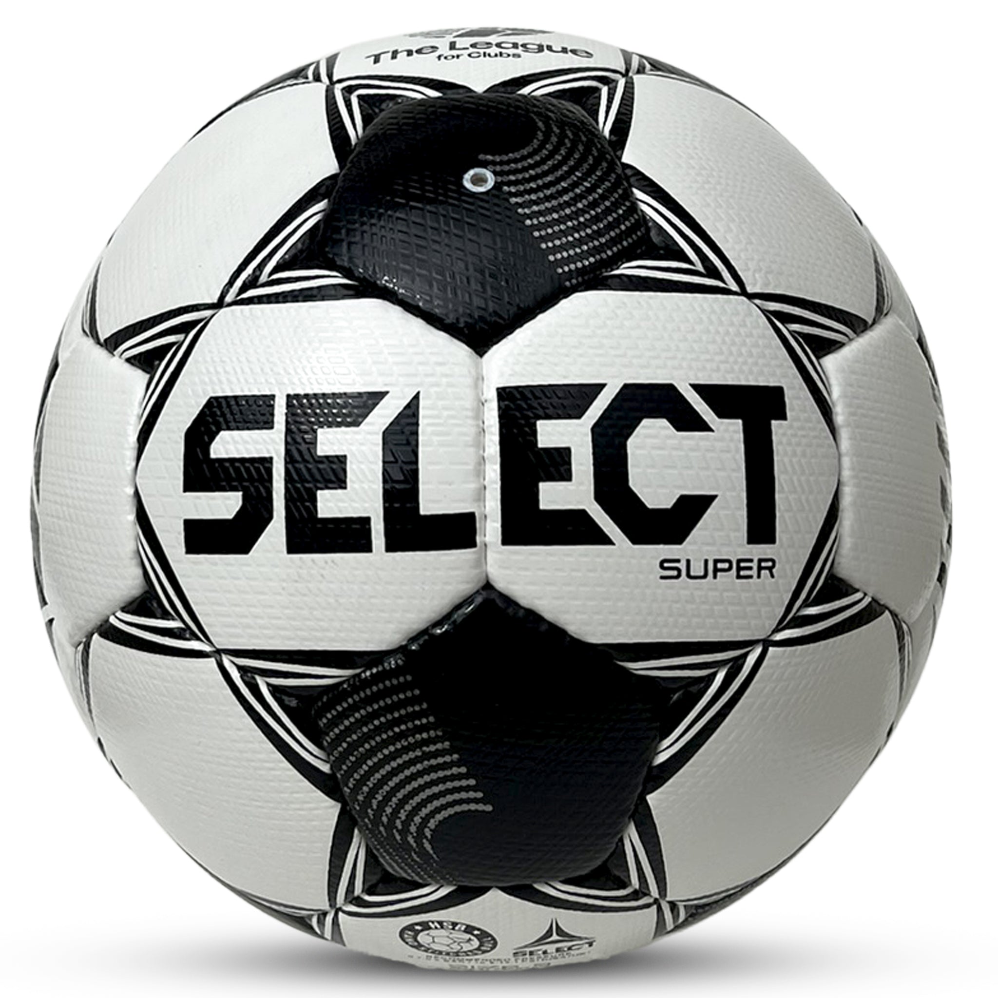 White soccer ball with black patterns and 'SELECT' branding on a white background used by The League For Clubs #color_white/black