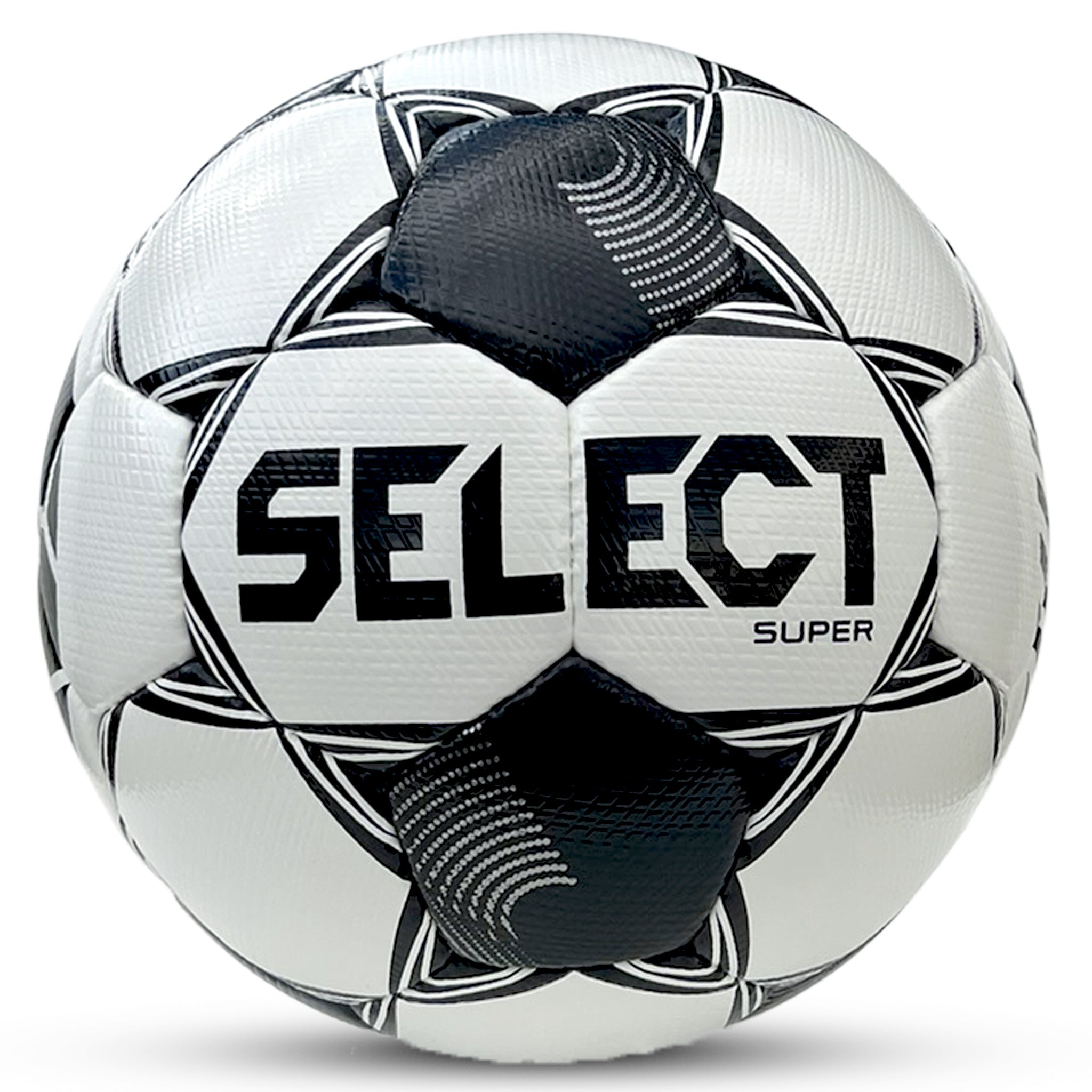 White soccer ball with black patterns and 'SELECT' branding on a white background used by The League For Clubs #color_white/black