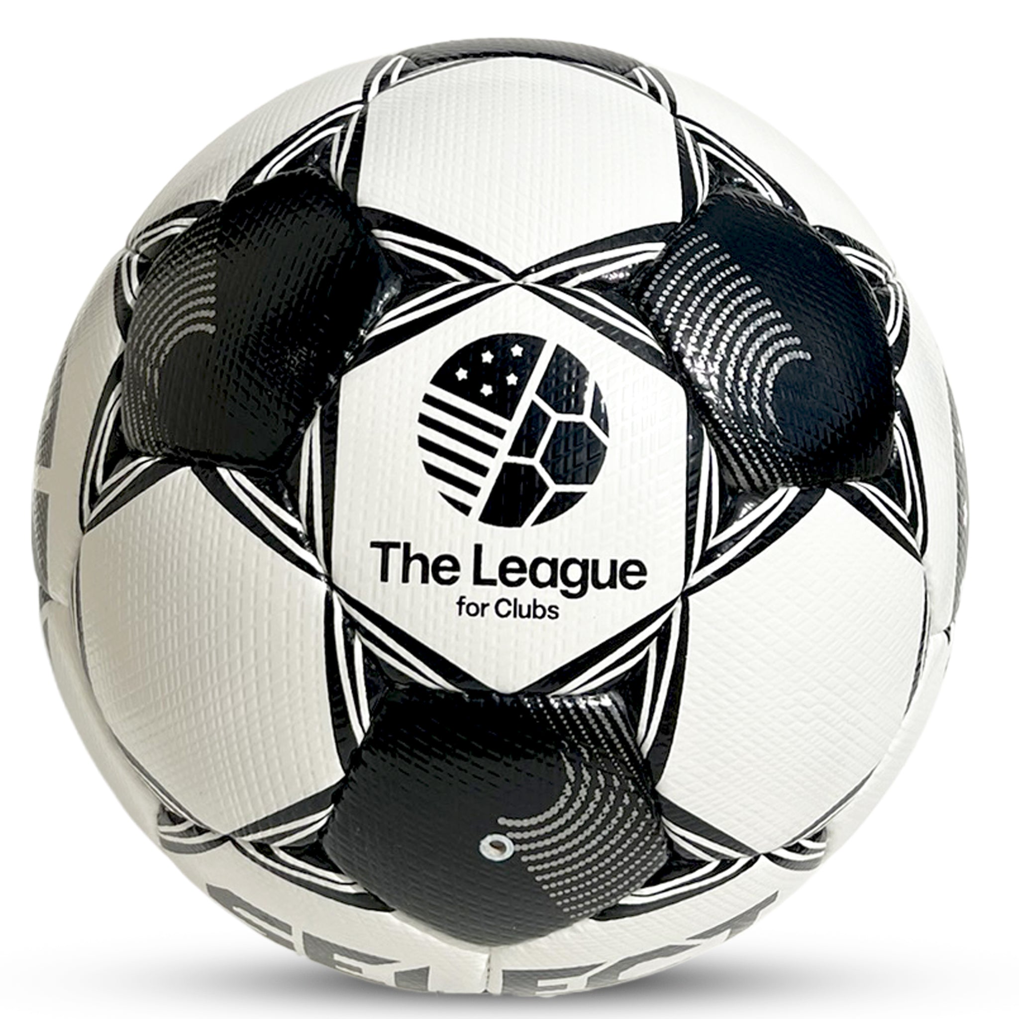 White soccer ball with black patterns and 'SELECT' branding on a white background used by The League For Clubs #color_white/black