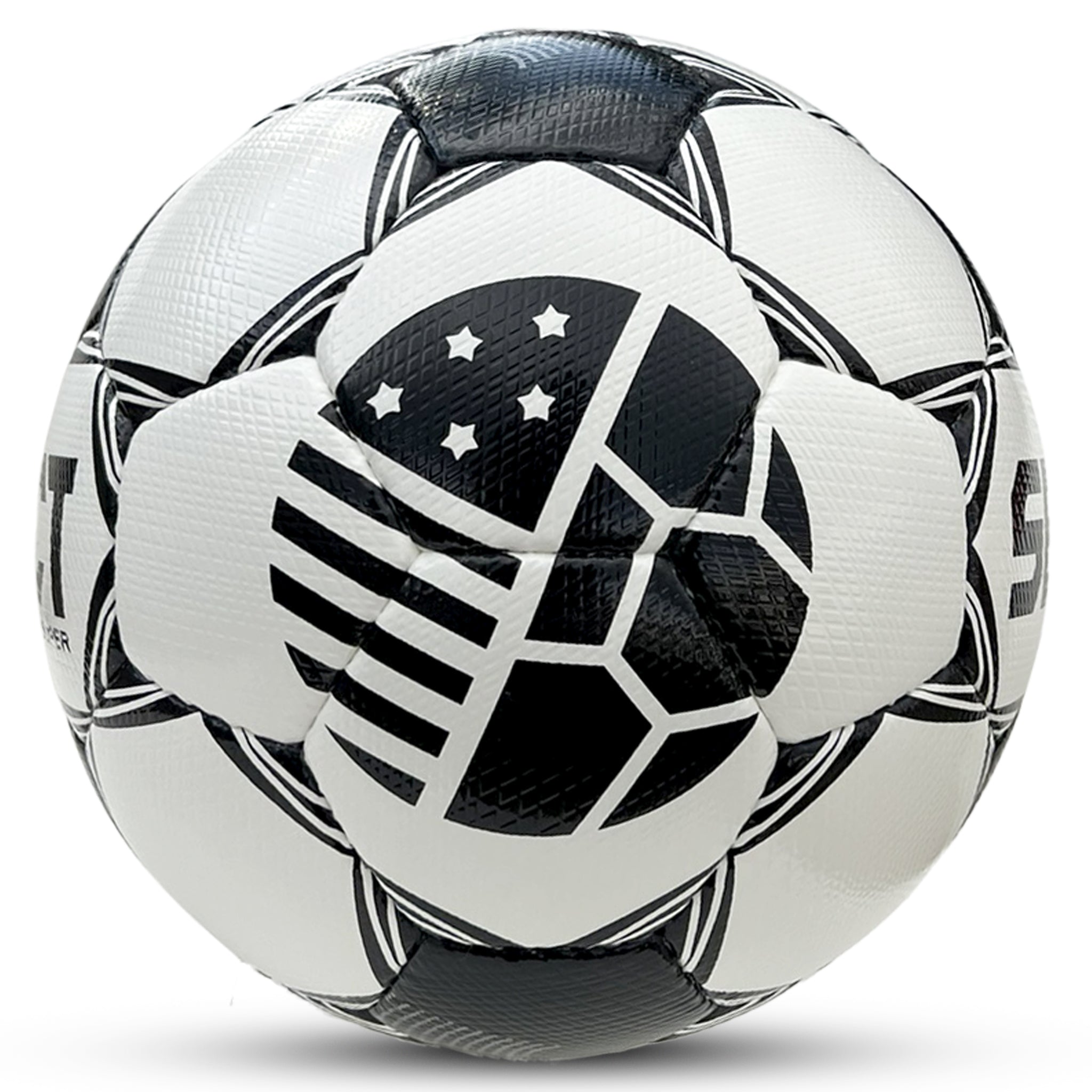 Super TLFC v26 white and black soccer ball, right-side view