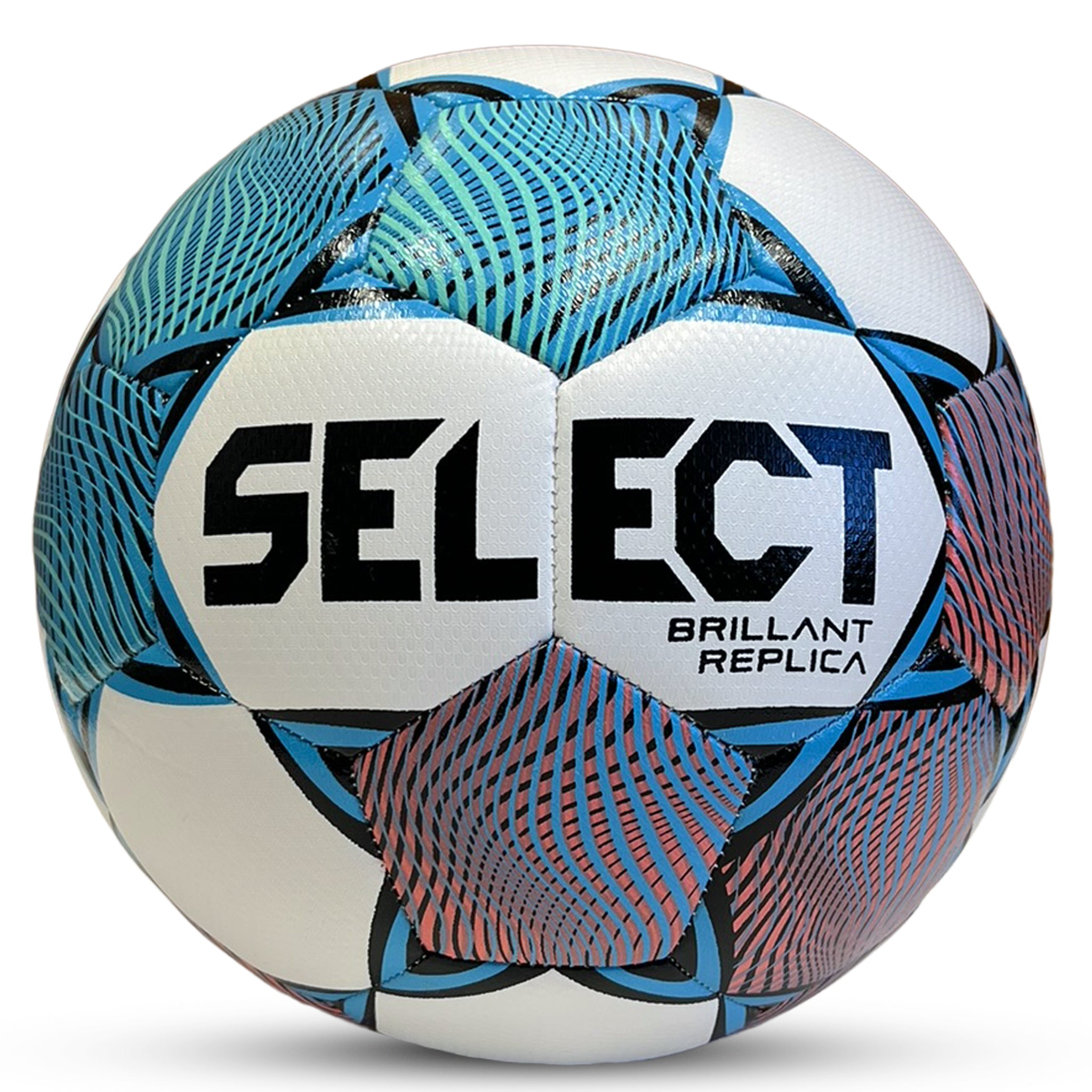 White soccer ball with blue, green, and pink wavy accents branded with the Select logo. Official replica ball for the USL 2026 season. Front view