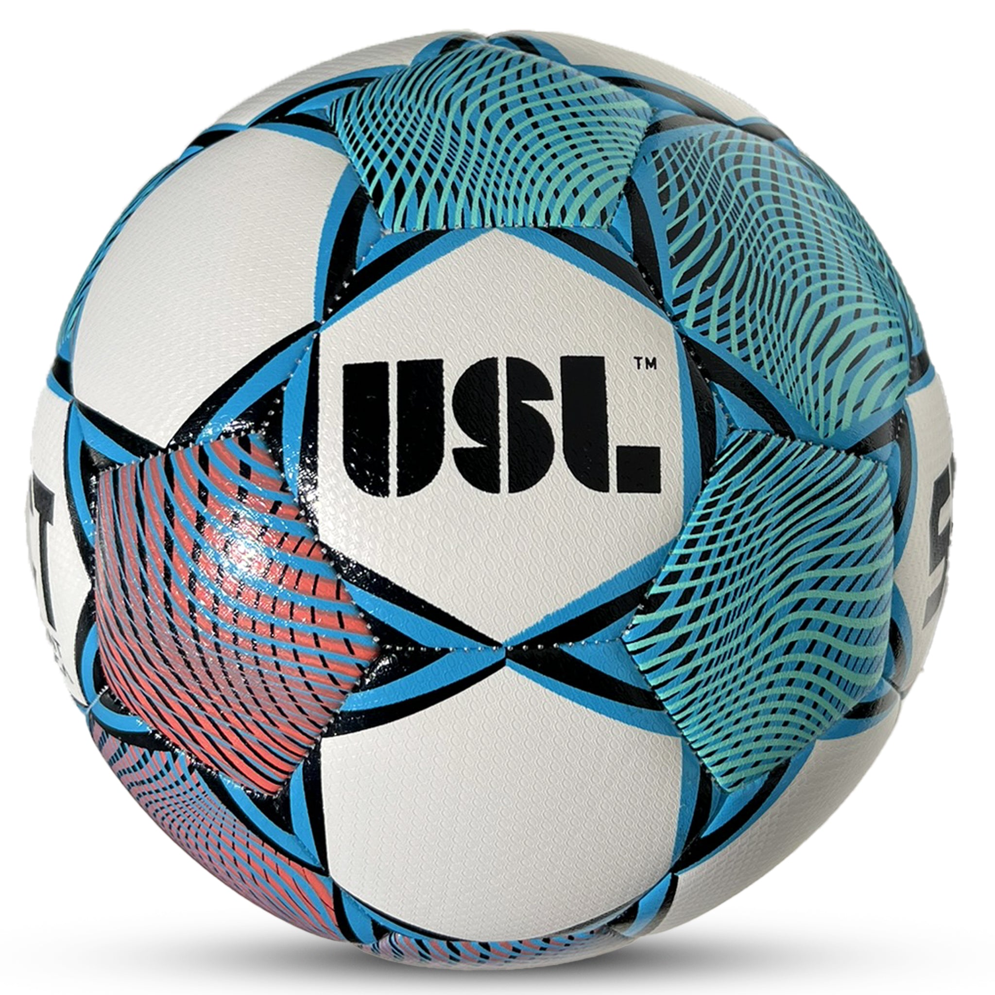 White soccer ball with blue, green, and pink wavy accents branded with the Select and USL logos. Official replica ball for the USL 2026 season. Side view