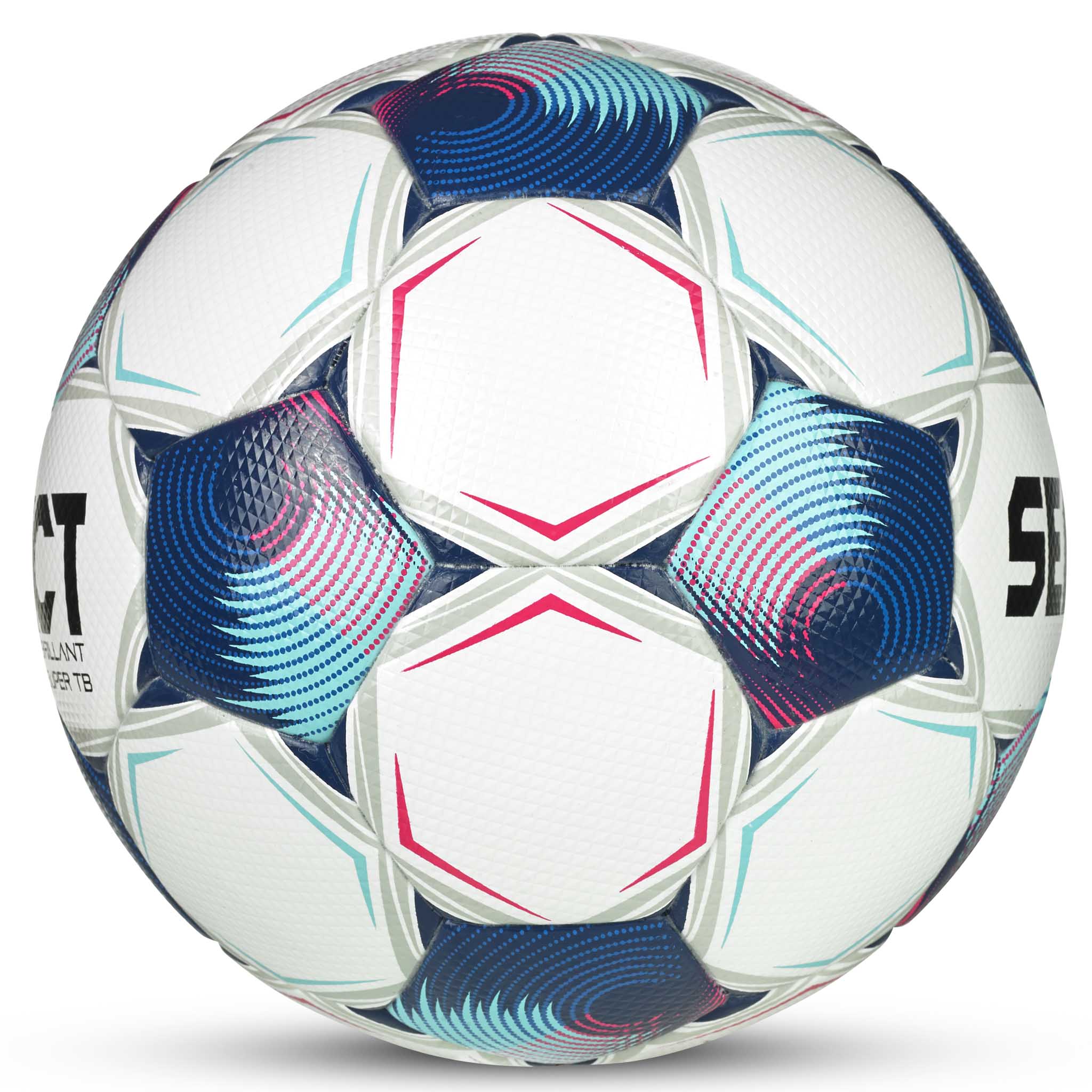 White soccer ball with navy and light blue accents. #color_white/blue