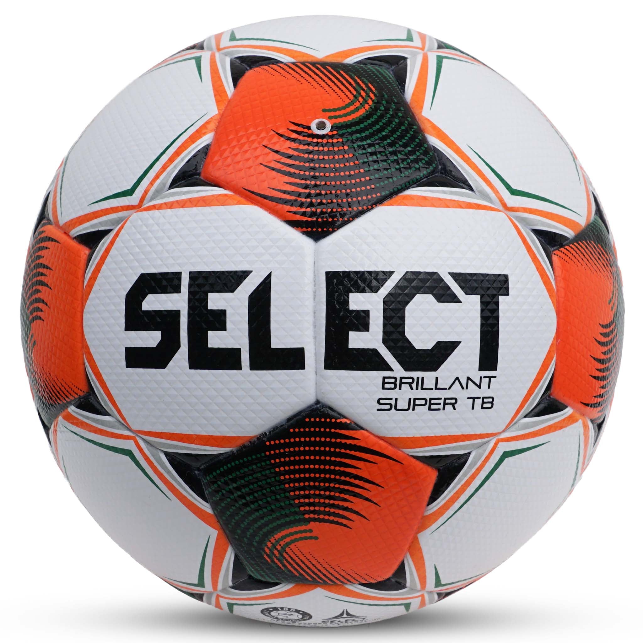 Back page of Select Brillant Super TB soccer ball in white, orange, green and black with Select logo.