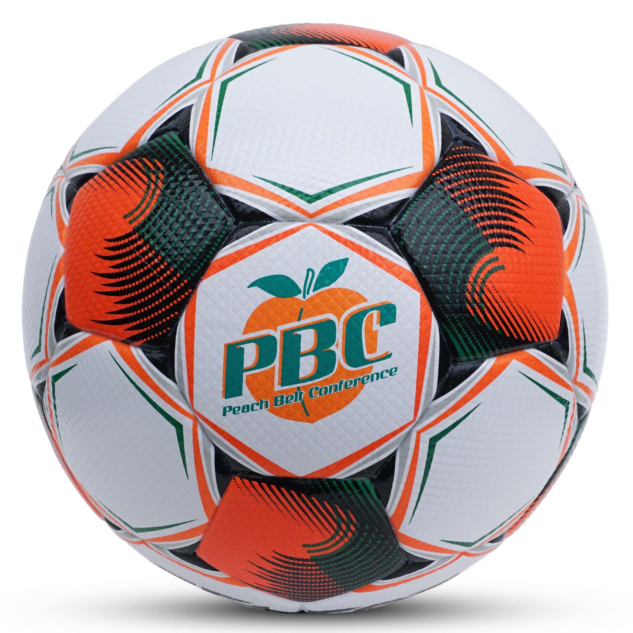 Brillant Super TB PBC soccer ball, front view. White ball with orange, green and black panels and PBC logo.