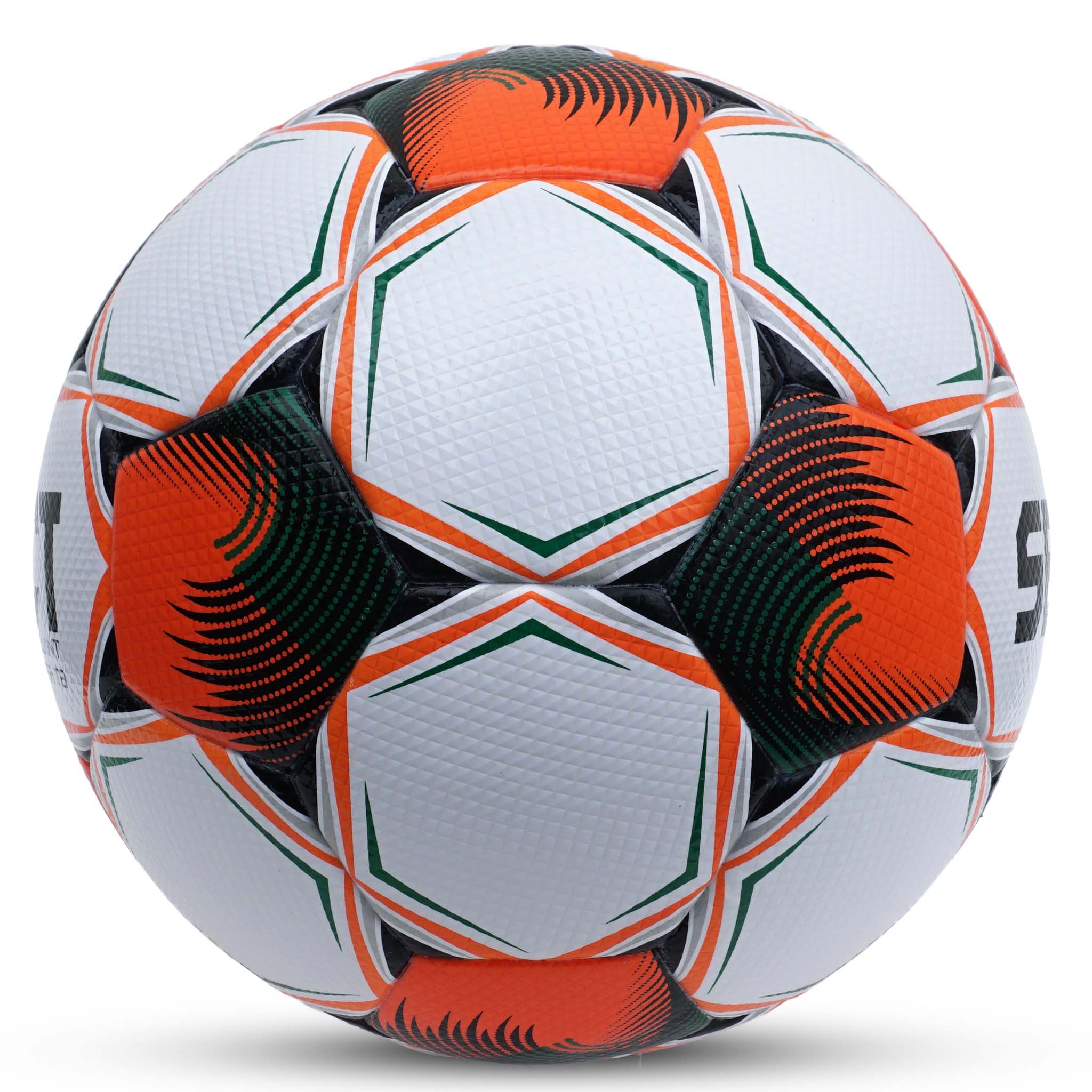 Brillant Super TB soccer ball in white, orange, green and black, side view closeup