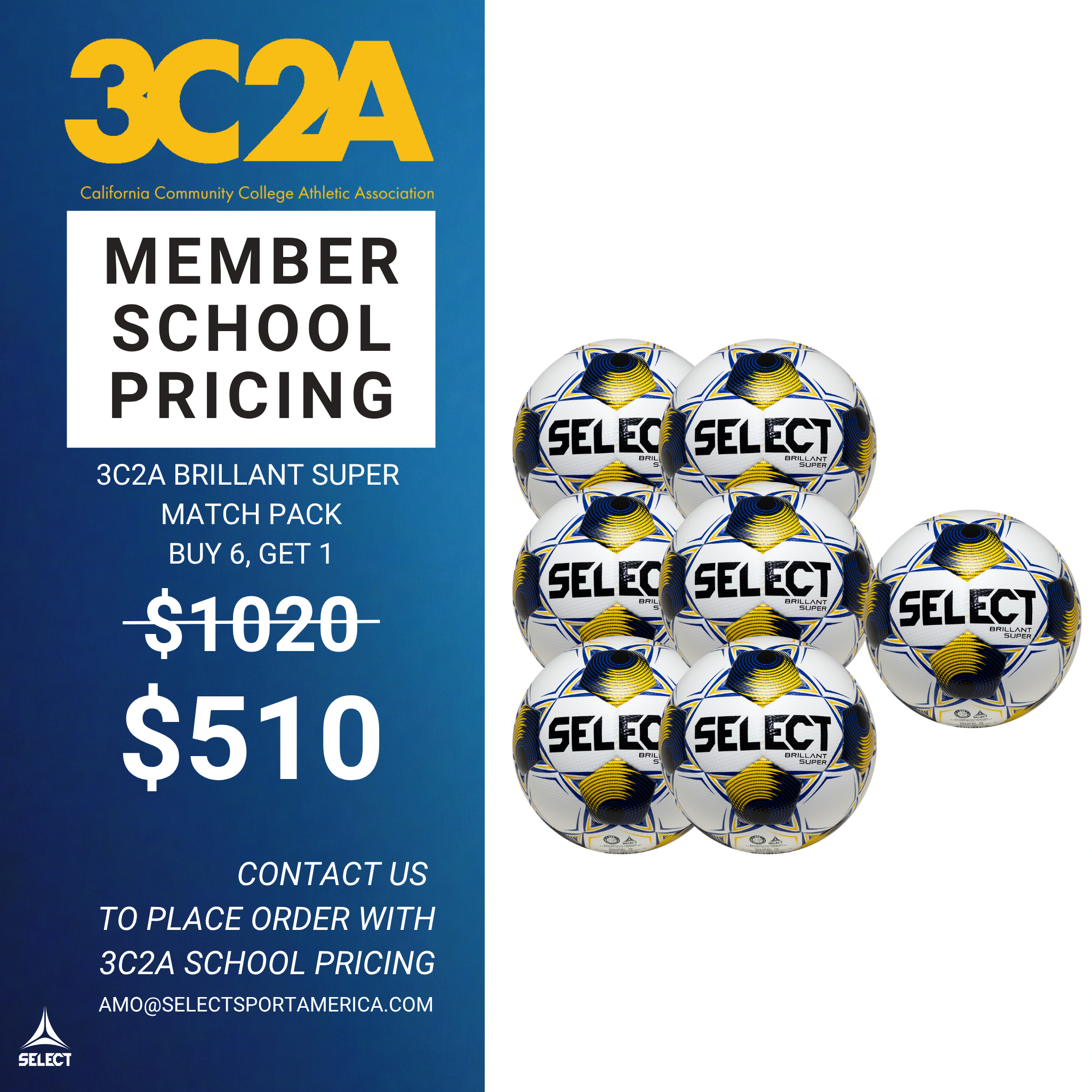 3C2A ball pack special, buy 6 balls, get 1 ball for $510. Contact amo@selectsportamerica.com to place order at school price.