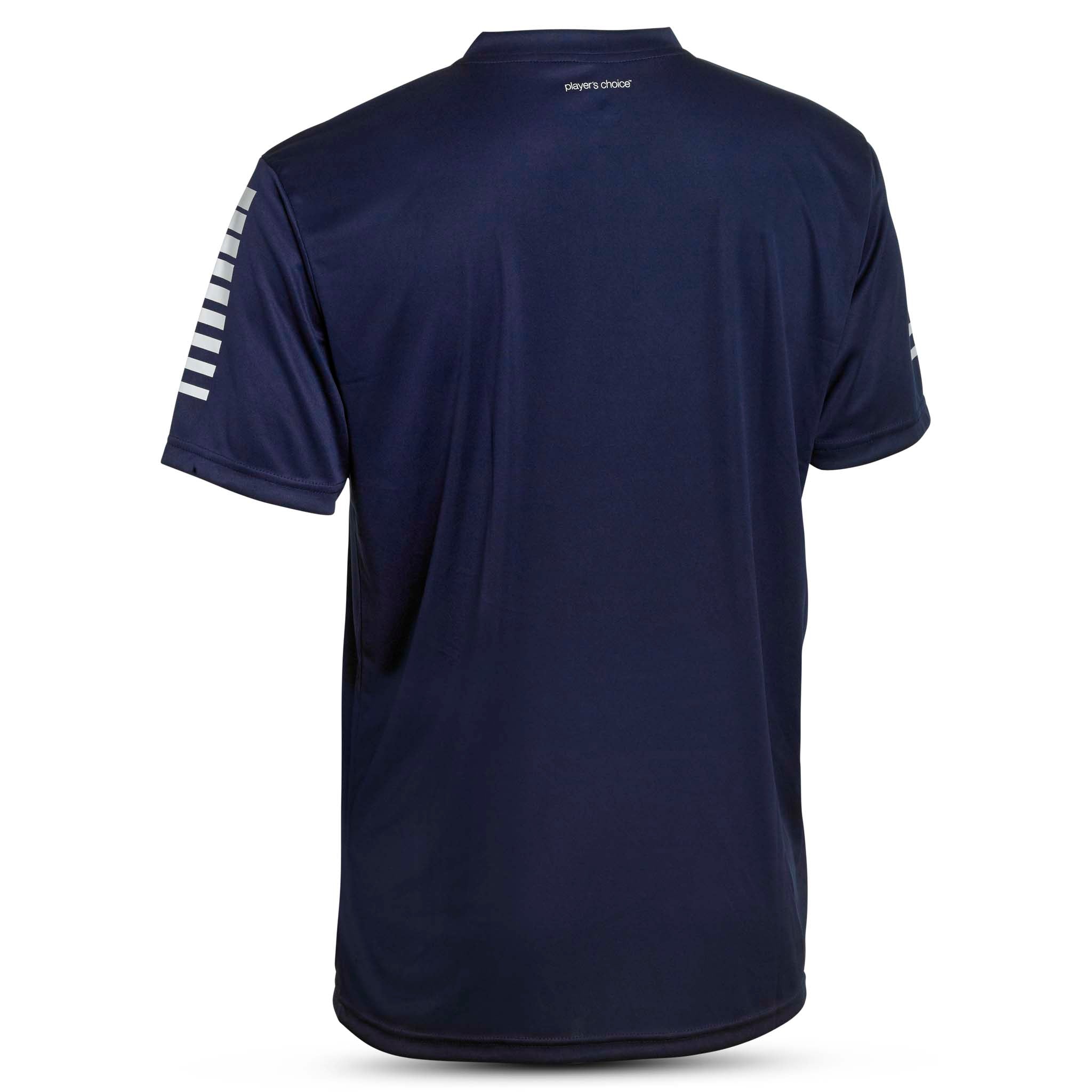 Navy short sleeve sports jersey with white stripes and Select brand logo on a white background. Product name is Pisa short sleeve jersey #color_ #color_navy