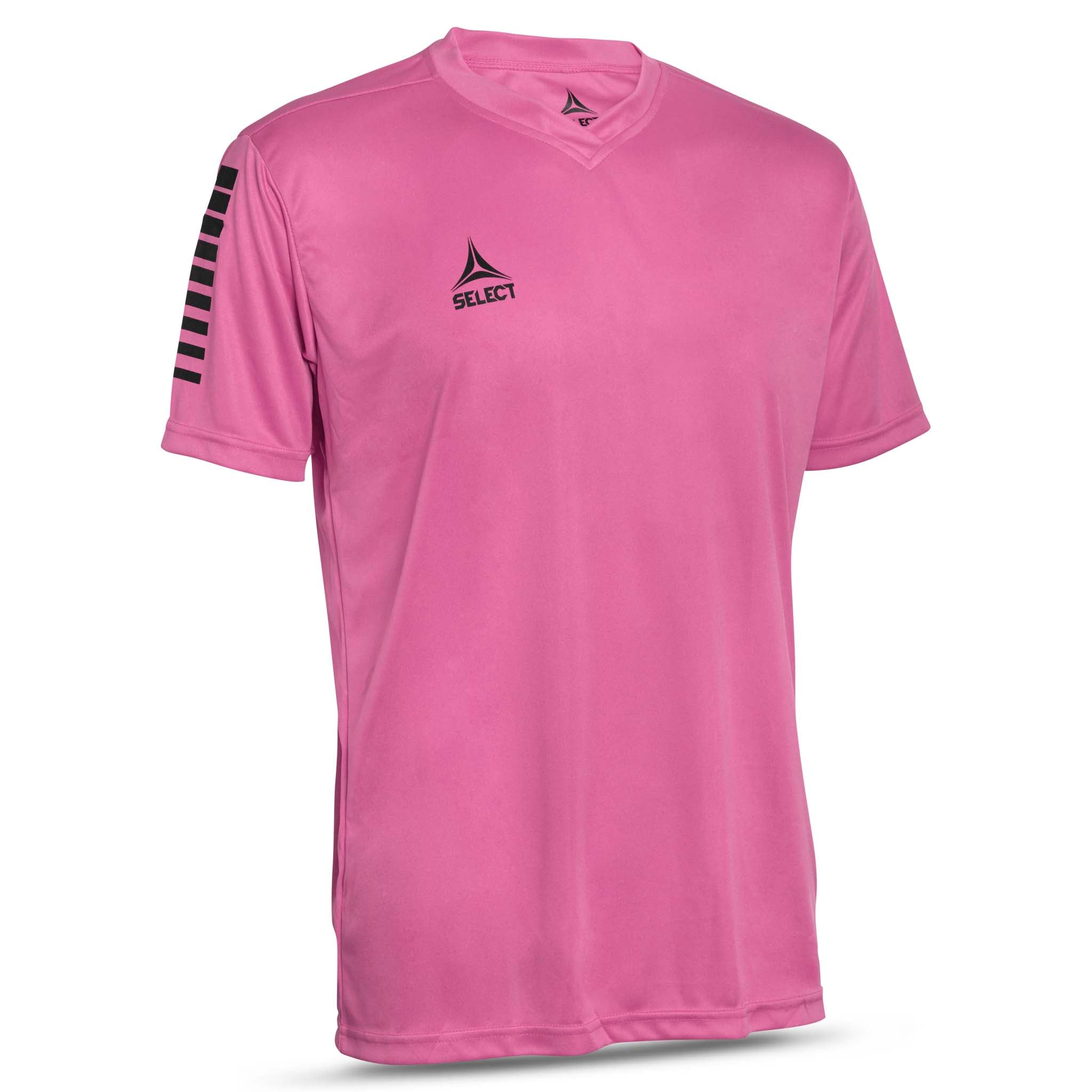 Pink short sleeve sports jersey with black stripes and Select brand logo on a white background. Product name is Pisa short sleeve jersey #color_pink