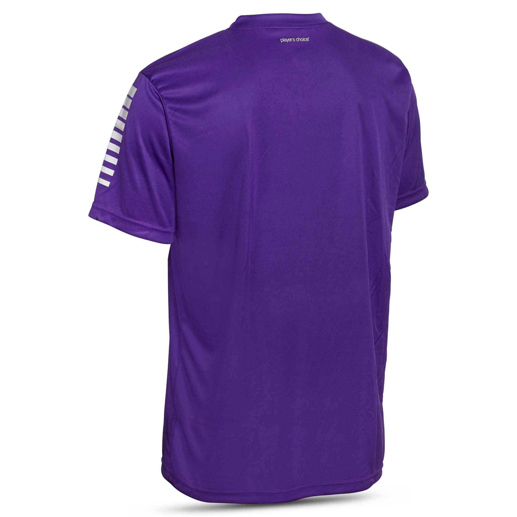 Purple short sleeve sports jersey with white stripes and Select brand logo on a white background. Product name is Pisa short sleeve jersey #color_ #color_purple
