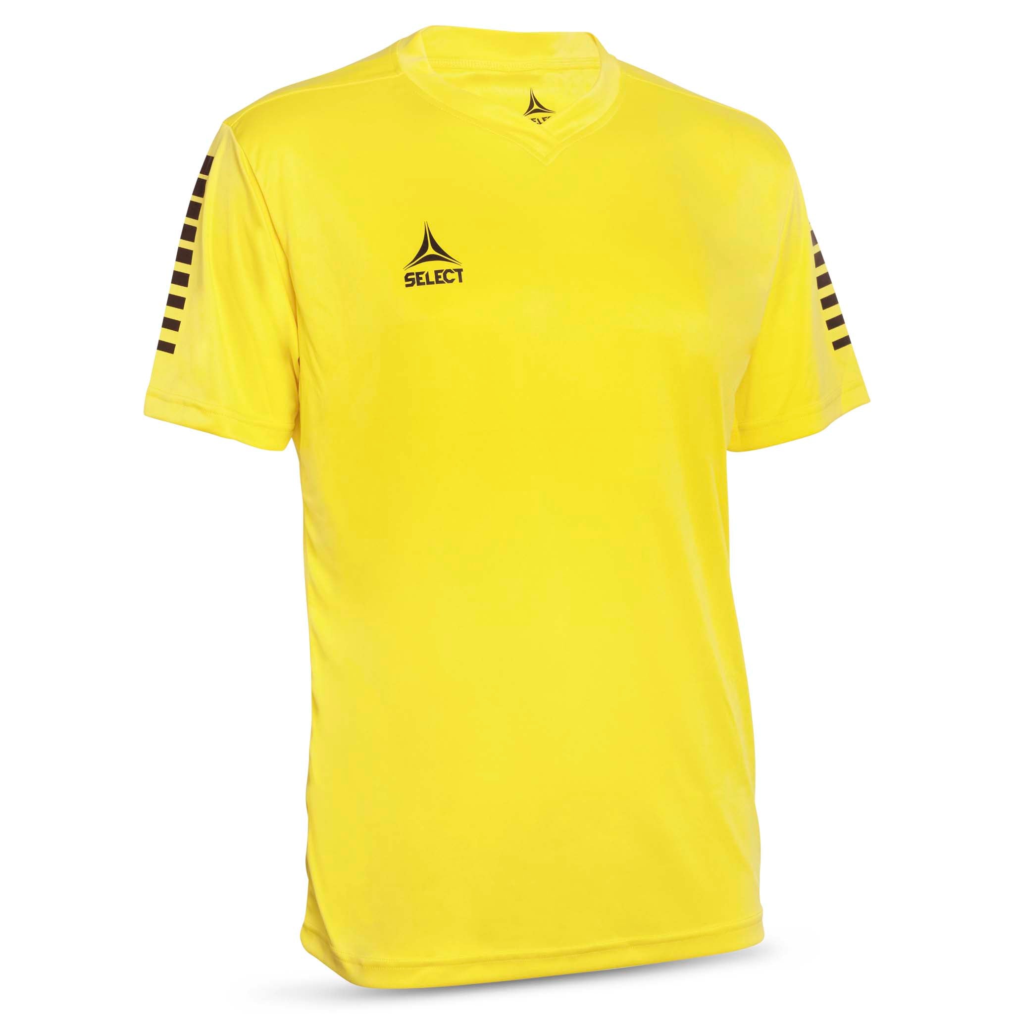 Yellow short sleeve sports jersey with black stripes and Select brand logo on a white background. Product name is Pisa short sleeve jersey #color_yellow/black