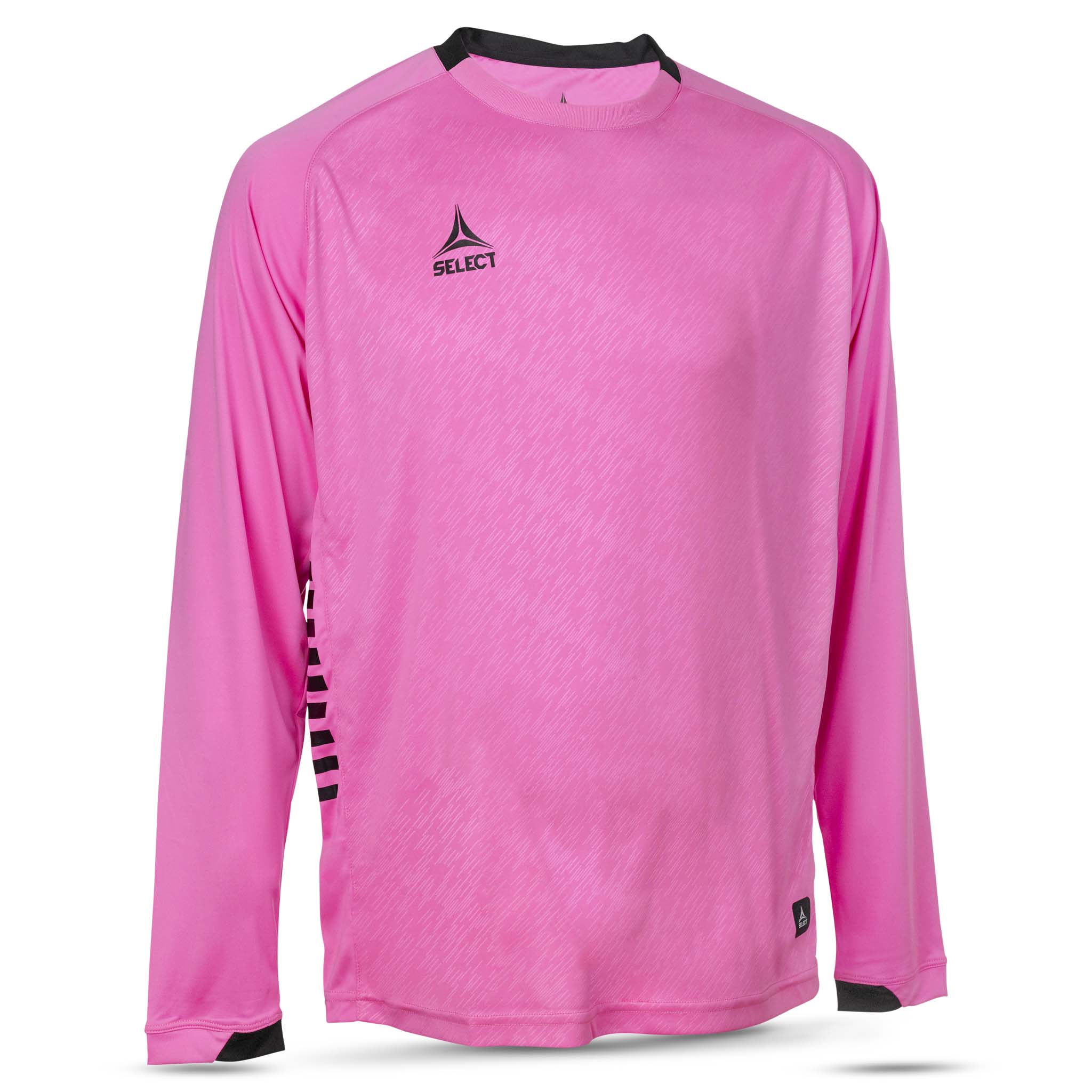 Pink longsleeve player jersey with black stripes along sides and 'Select' branding on chest #color_pink