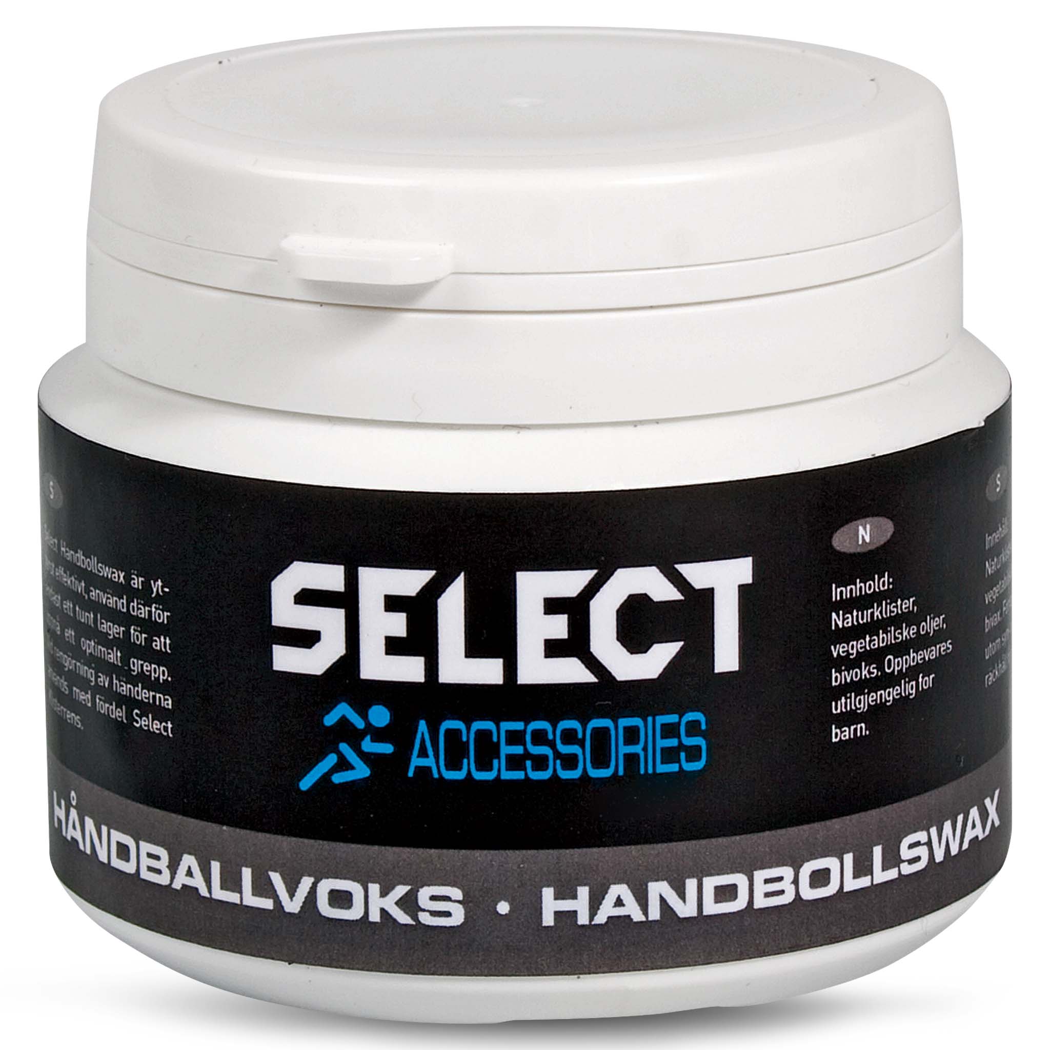 Front page of Select Handball wax, a resin product in a black and white tub with blue accents.