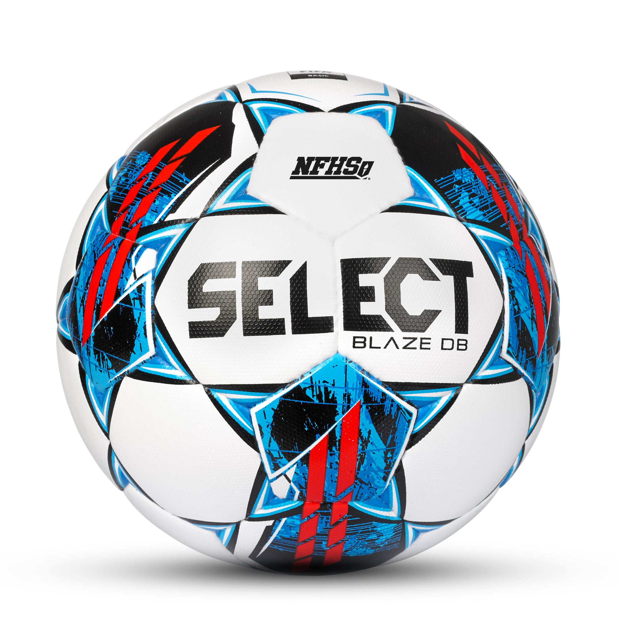 White soccer ball with blue and red accents. Select branding #color_white/blue