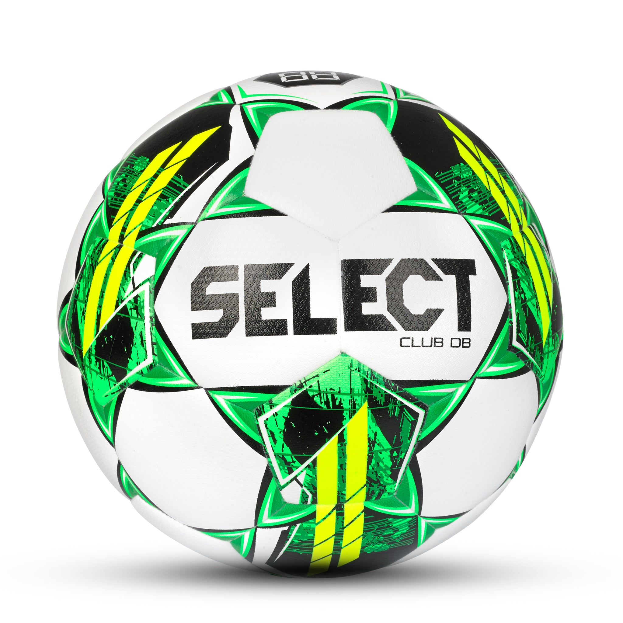 White soccer ball with black and green accents. Select branding #color_white/green
