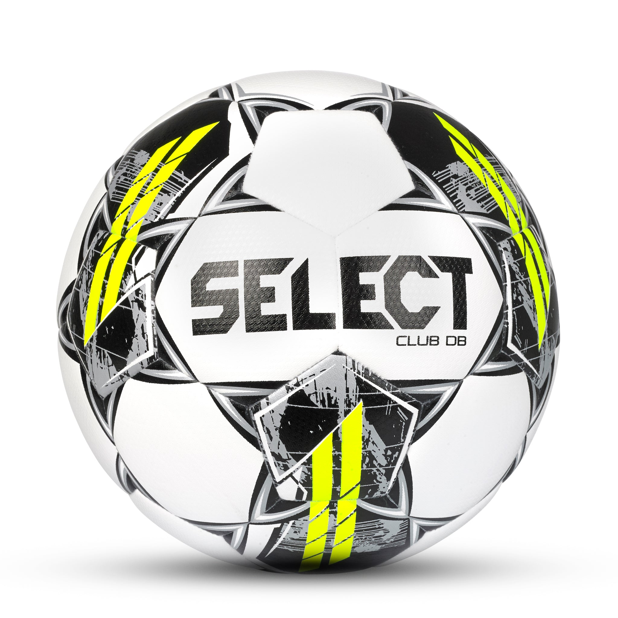 White soccer ball with black and grey accents. Select branding #color_white/black