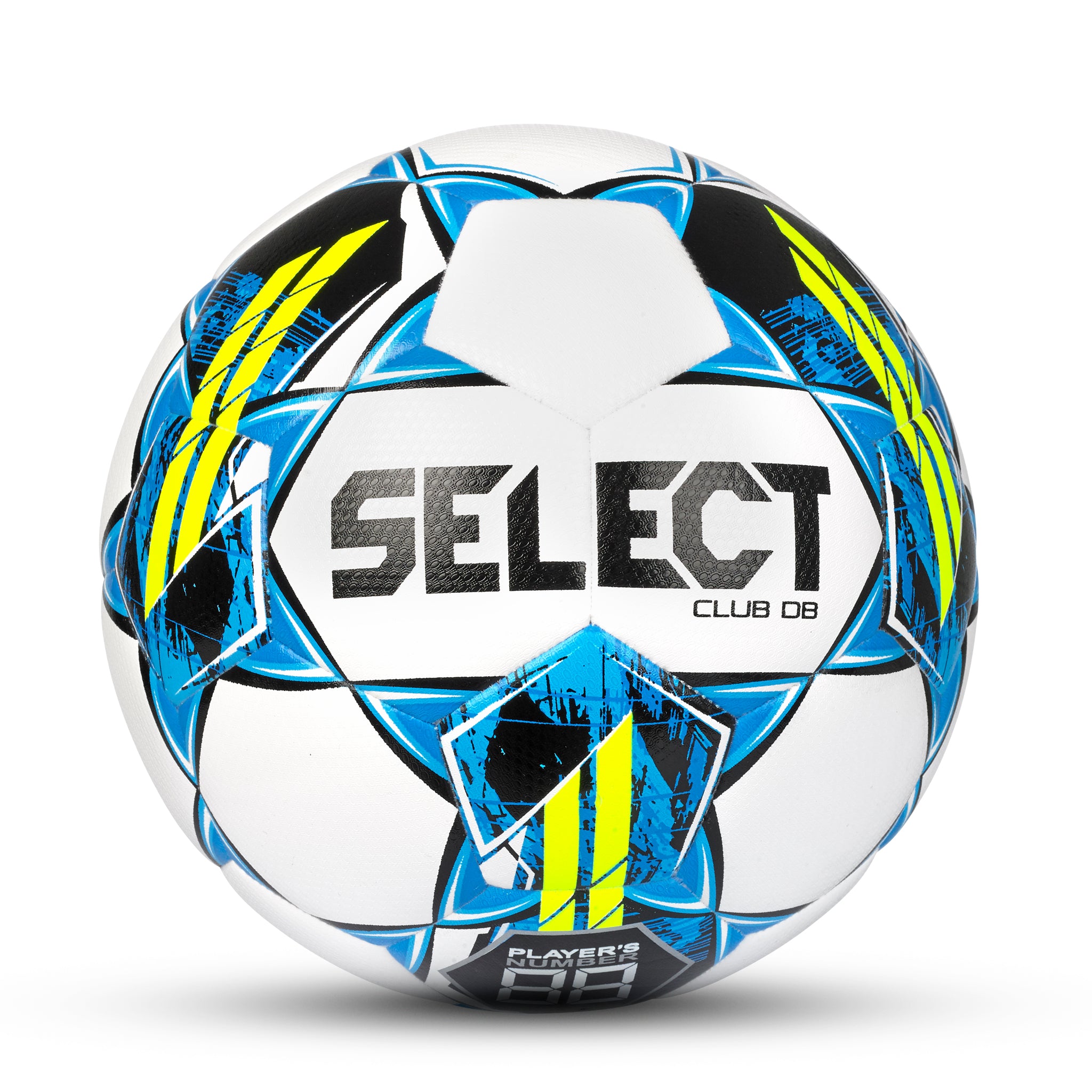 White soccer ball with black and blue accents. Select branding #color_white/blue