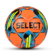 Orange soccer ball with black and blue accents. Select branding #color_orange/blue