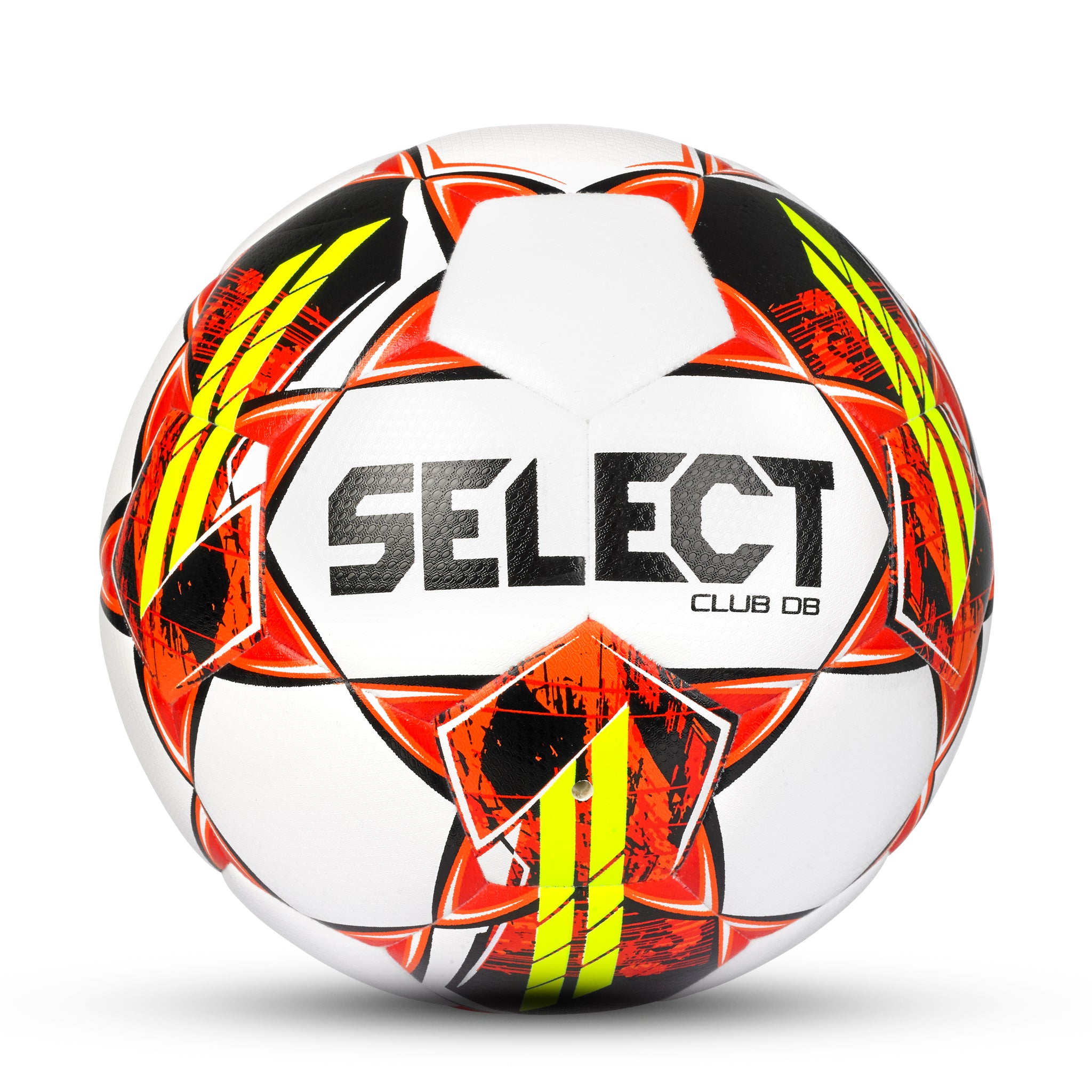 White soccer ball with black and red accents. Select branding #color_white/red
