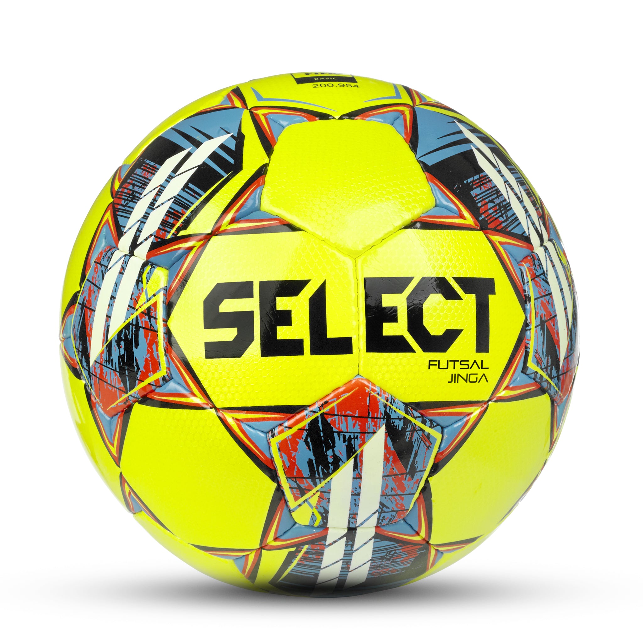 Yellow futsal ball with black, blue, and red accents. Select branding #color_yellow