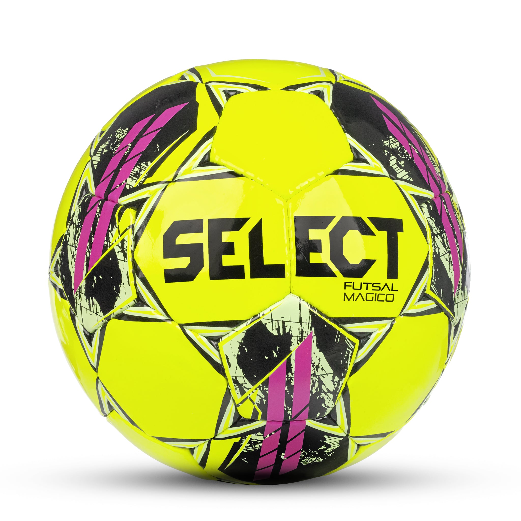 Yellow futsal ball with black, green, and purple accents. Select branding #color_yellow