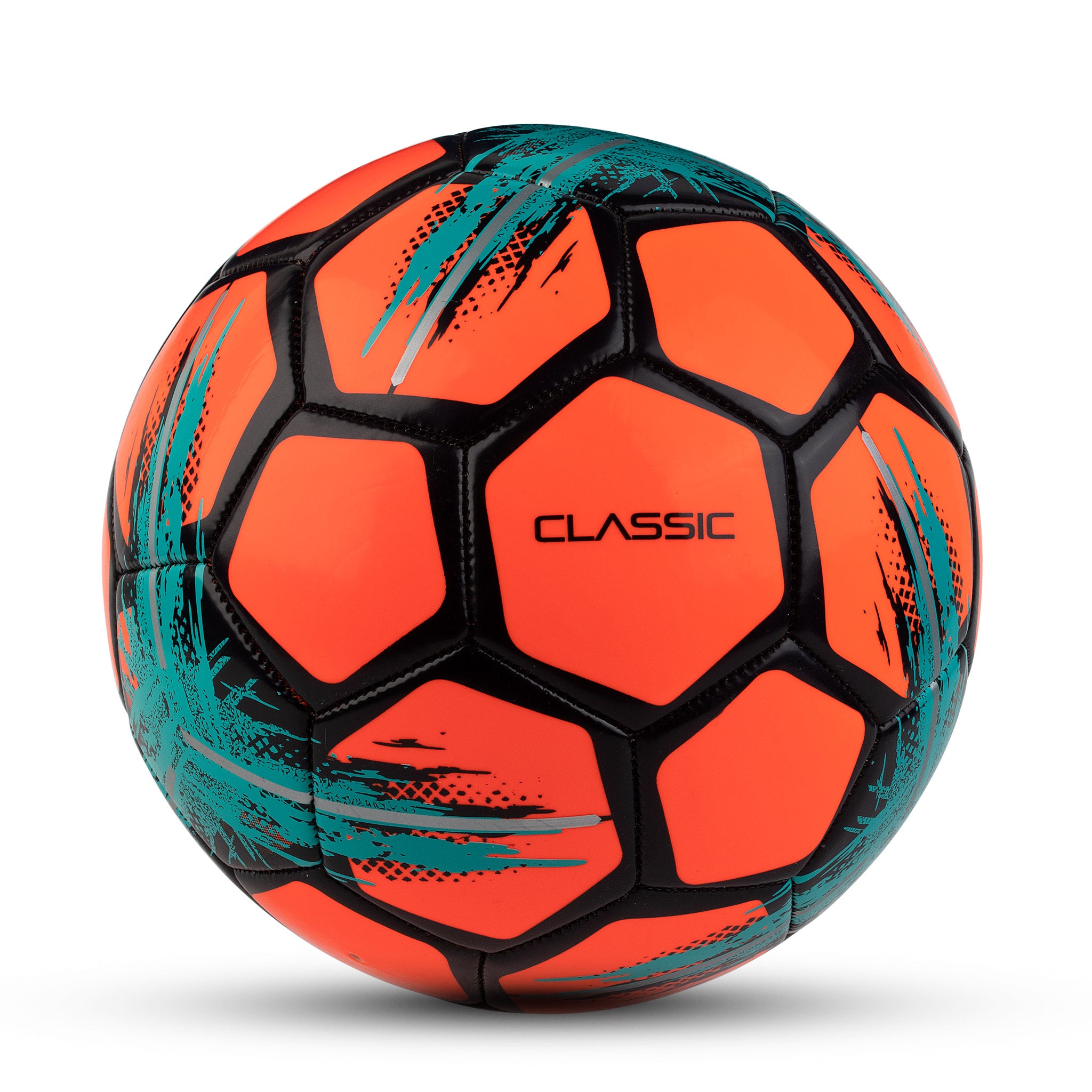 Orange camp soccer ball with black and blue accents. Select branding #color_orange/blue