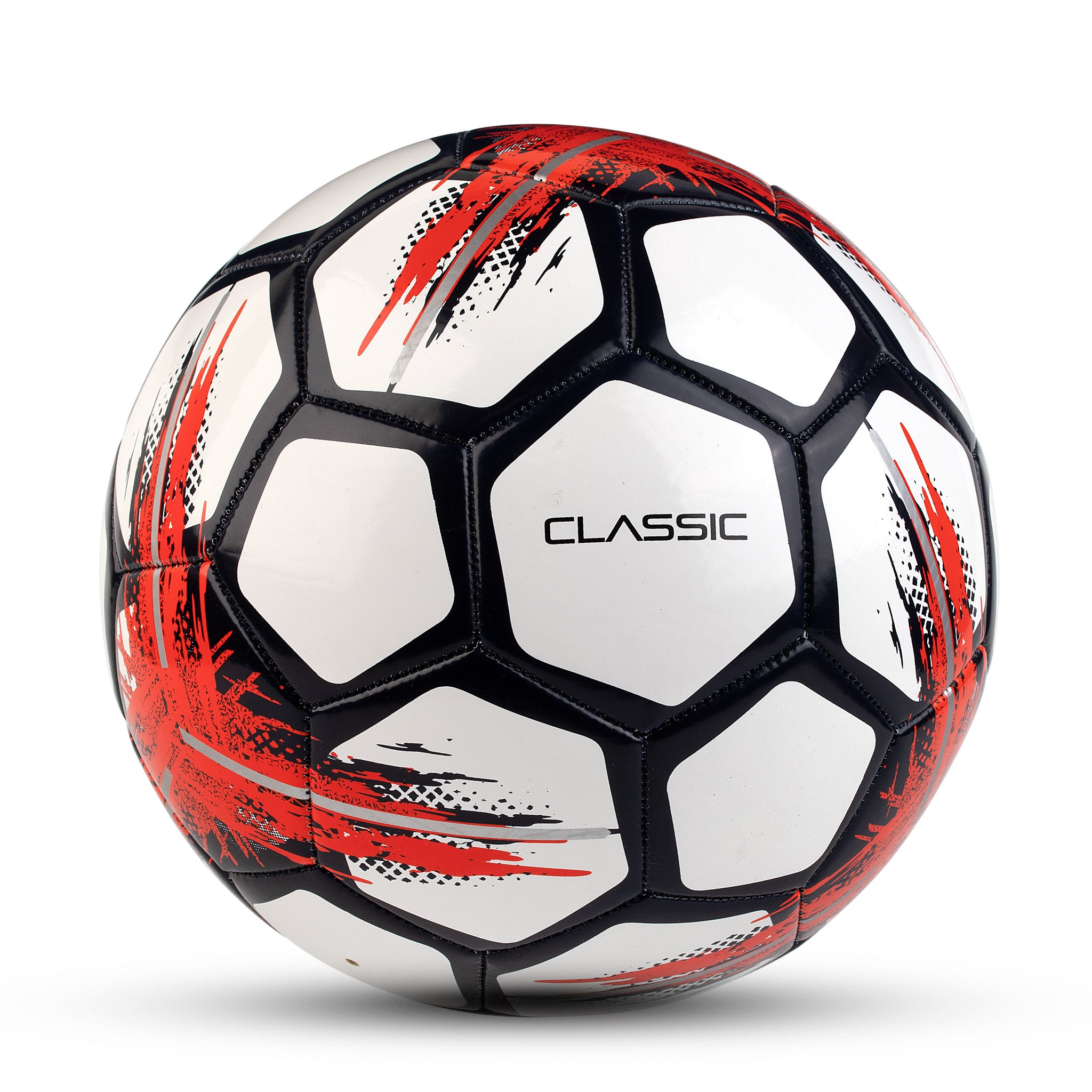 White camp soccer ball with black and red accents. Select branding #color_white/red