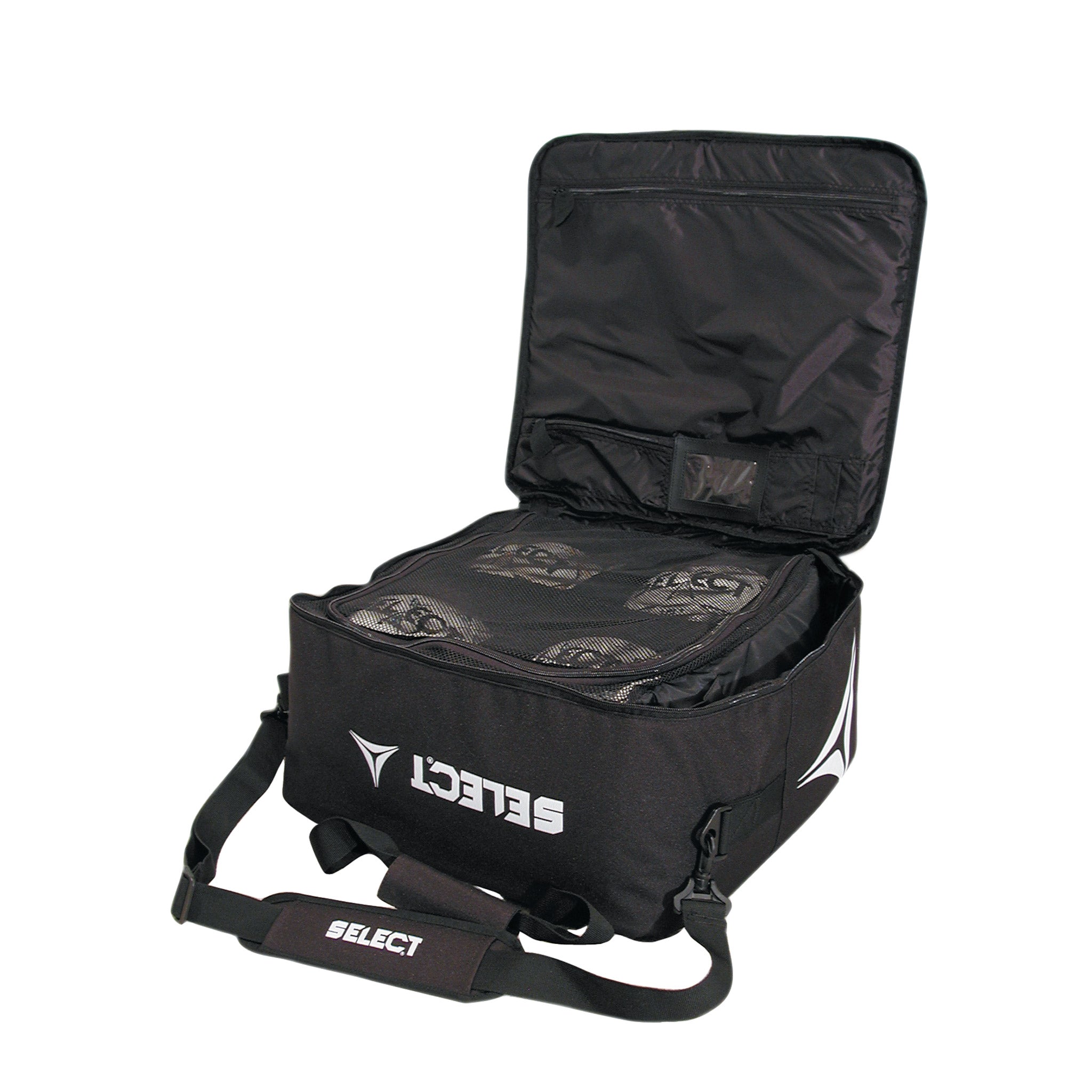 Black soccer ball bag with 4 compartments and a zipper lid and Select branding #color_black