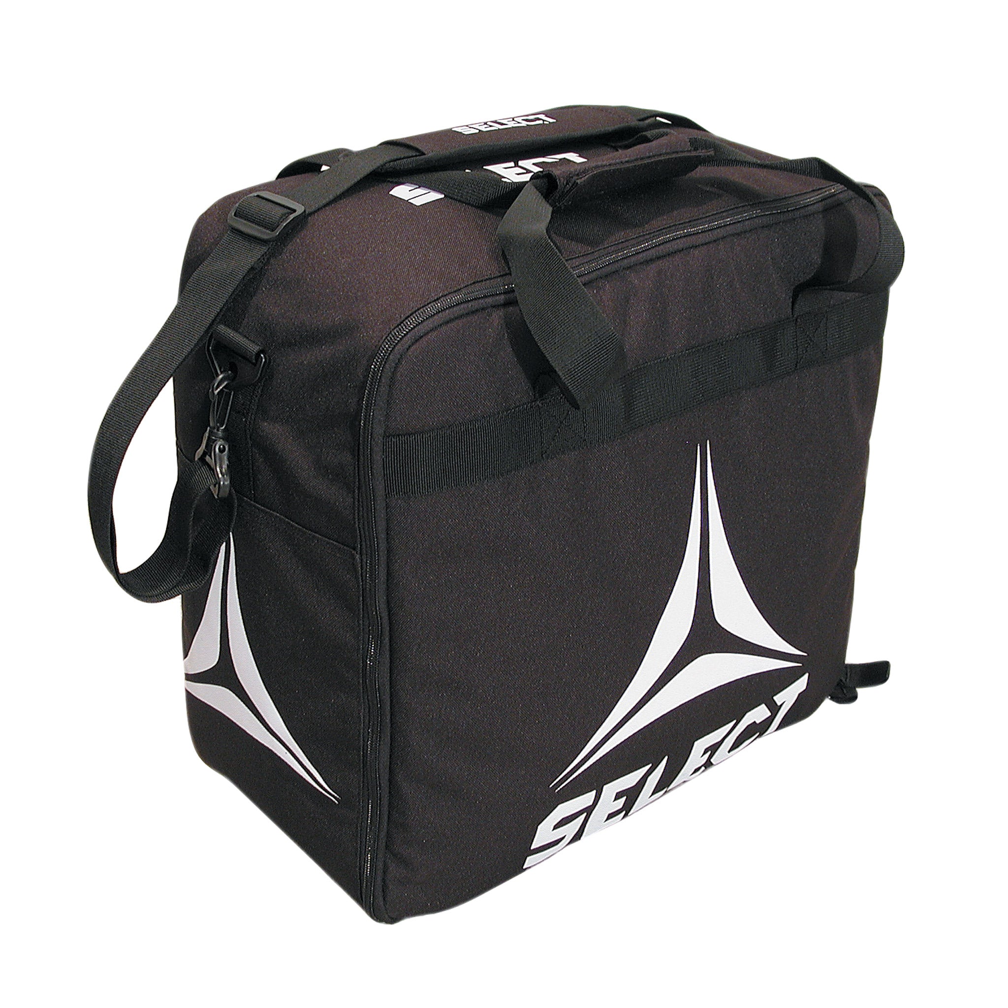 Black soccer ball bag with 4 compartments and a zipper lid and Select branding