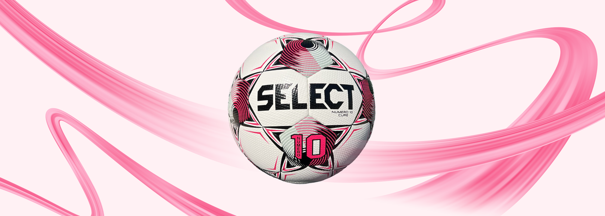 White, pink and black soccer ball with pink ribbons in the background. Branded SELECT