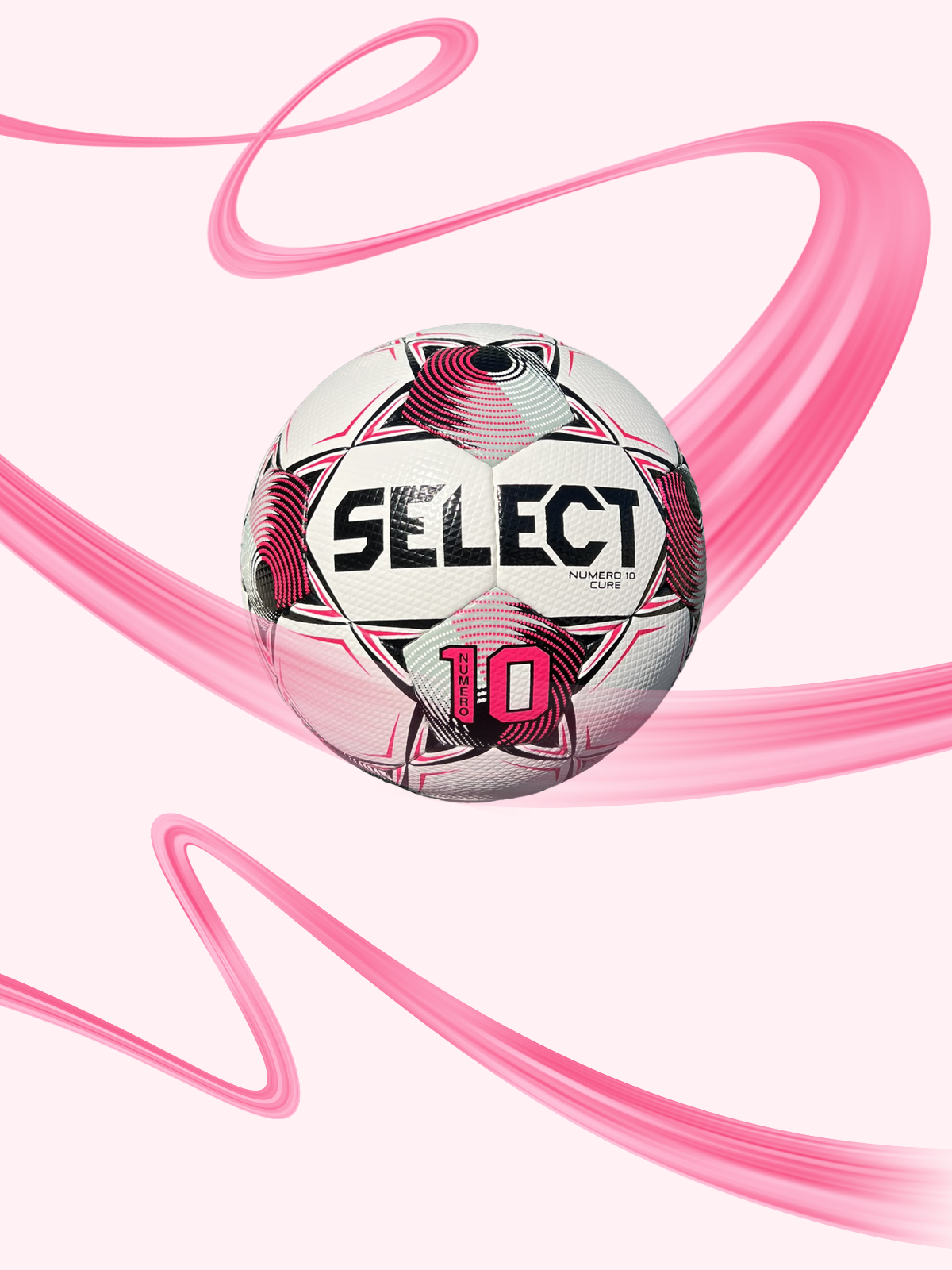 White, pink and black soccer ball with pink ribbons in the background. Branded SELECT