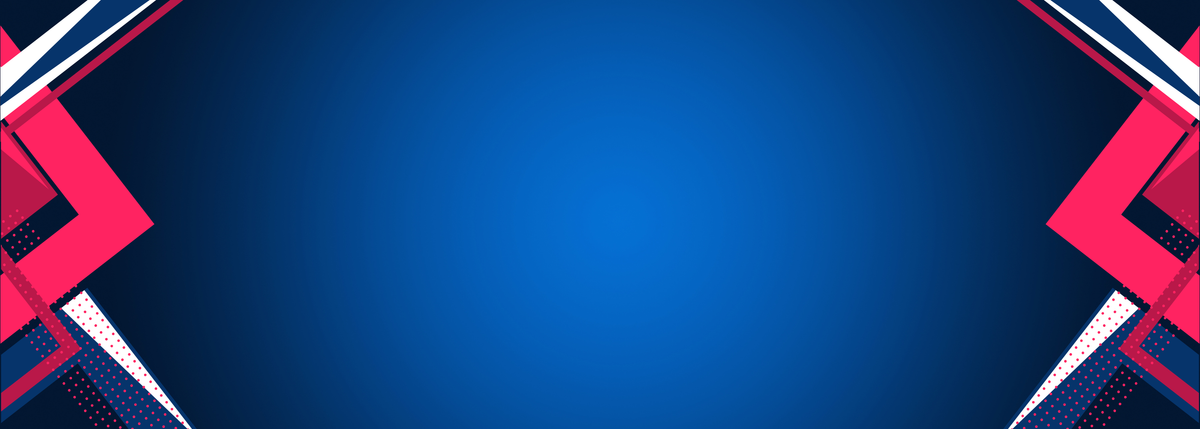 A digital graphic banner featuring a solid blue gradient background with abstract geometric corner designs in red, white, and black on the left and right sides.