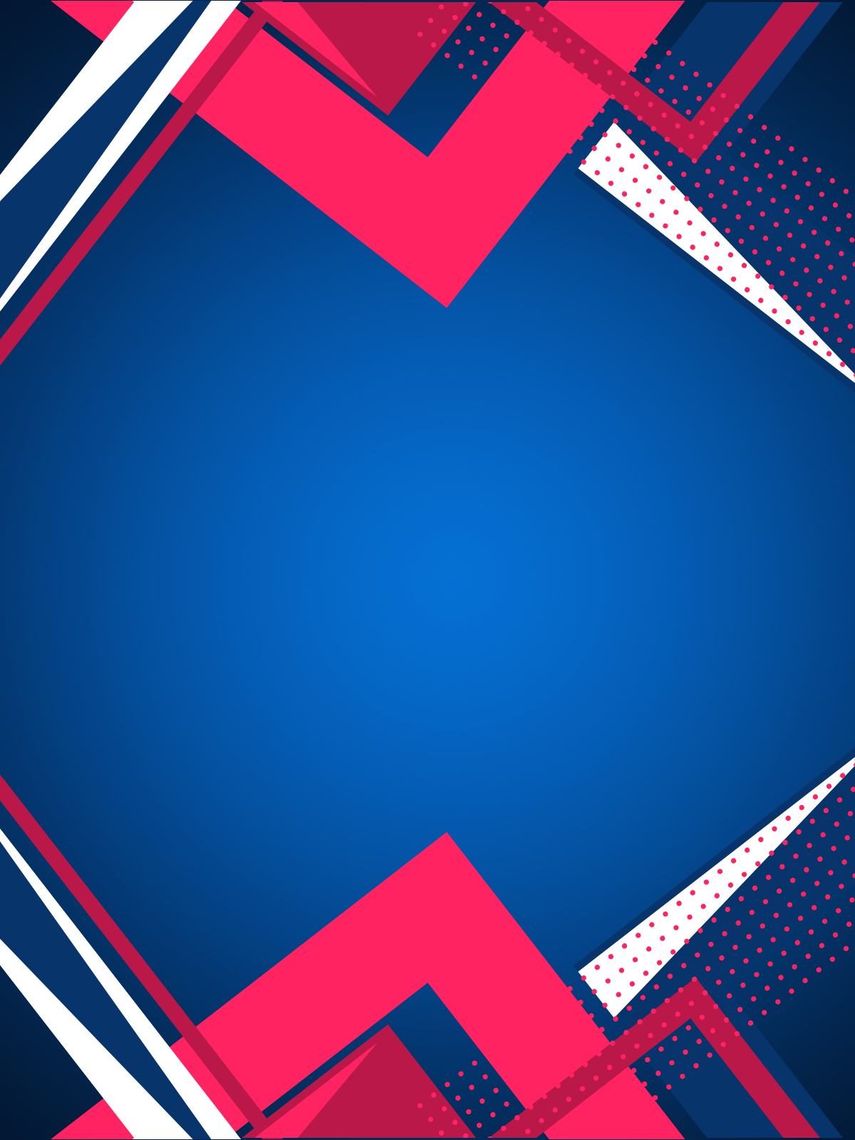 A digital graphic banner featuring a solid blue gradient background with abstract geometric corner designs in red, white, and black on the left and right sides.