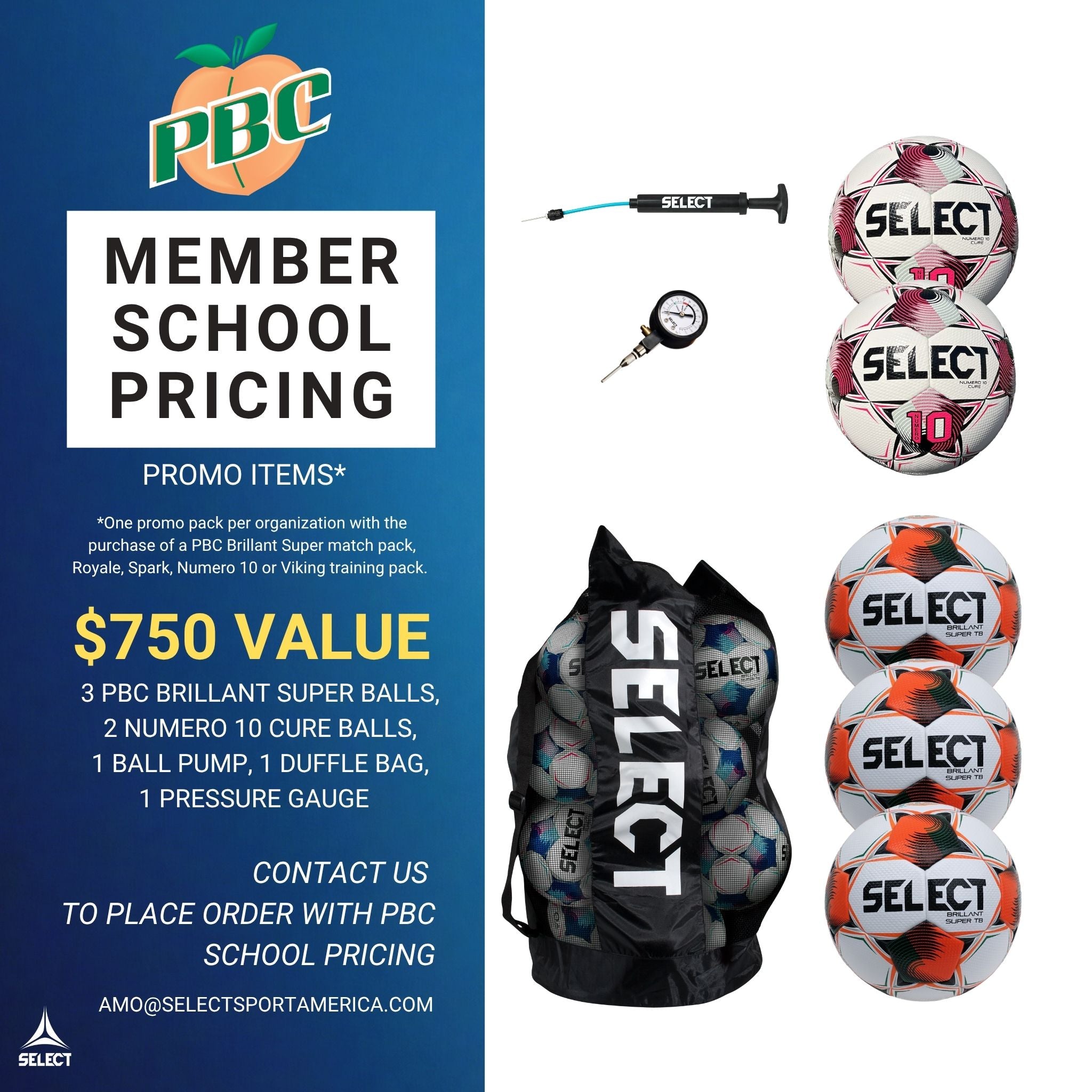PBC school pricing promo graphic showing a black SELECT soccer bag, a pump, a pressure gauge, and multiple SELECT soccer balls on a white background, alongside a blue panel with pricing text.