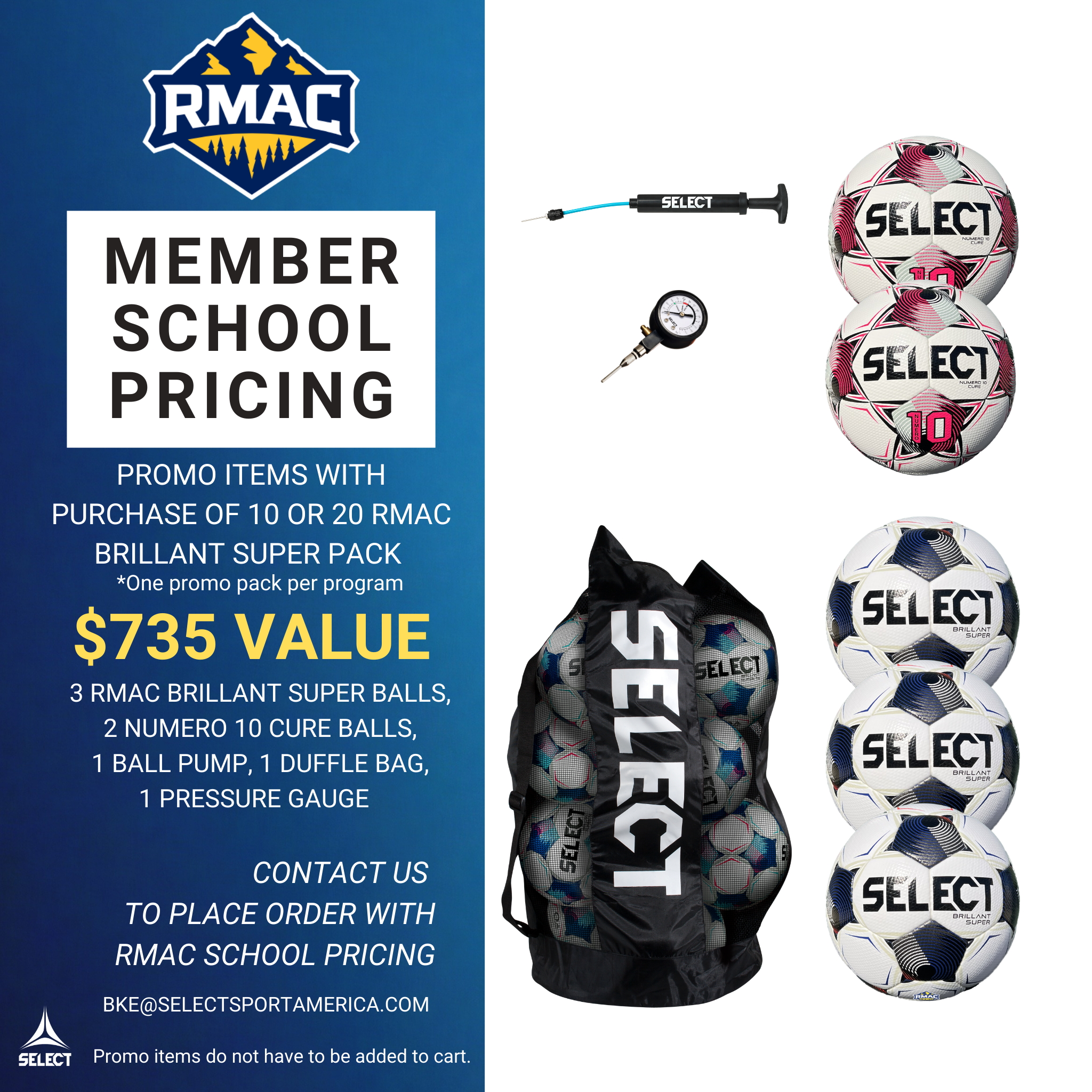 Promotional advertisement for RMAC sports equipment including soccer balls and a duffel bag on a blue and white background. Contact bke@selectsportamerica.com for RMAC pricing